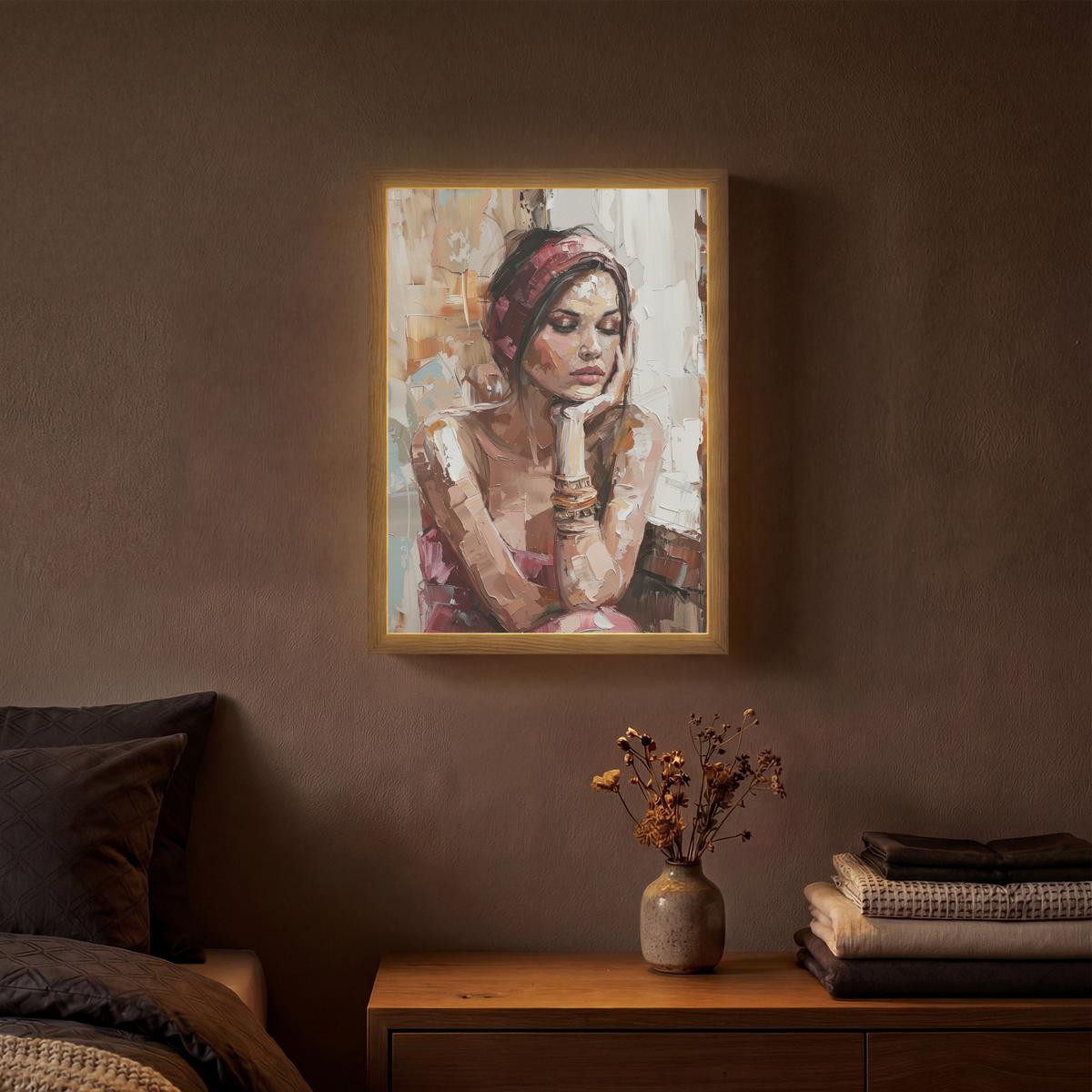 WANDLEUCHTE MIT AKKU Frau - Lackierung - Porträt - Modern 30x40 cm - Braun, Holzwerkstoff (30/40/8cm) - OnlyWow