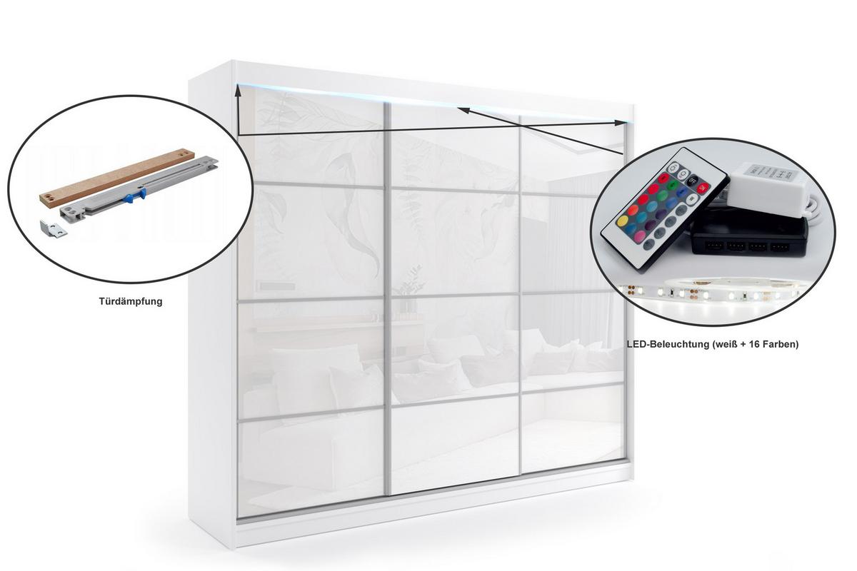KLEIDERSCHRANK mit Lacobel-Schiebetüren und Aluminium-Leisten, LED-Beleuchtung - VIVI - 240 cm Weiß - Weiß, Holzwerkstoff (240/216/61cm) - ALTDECOR