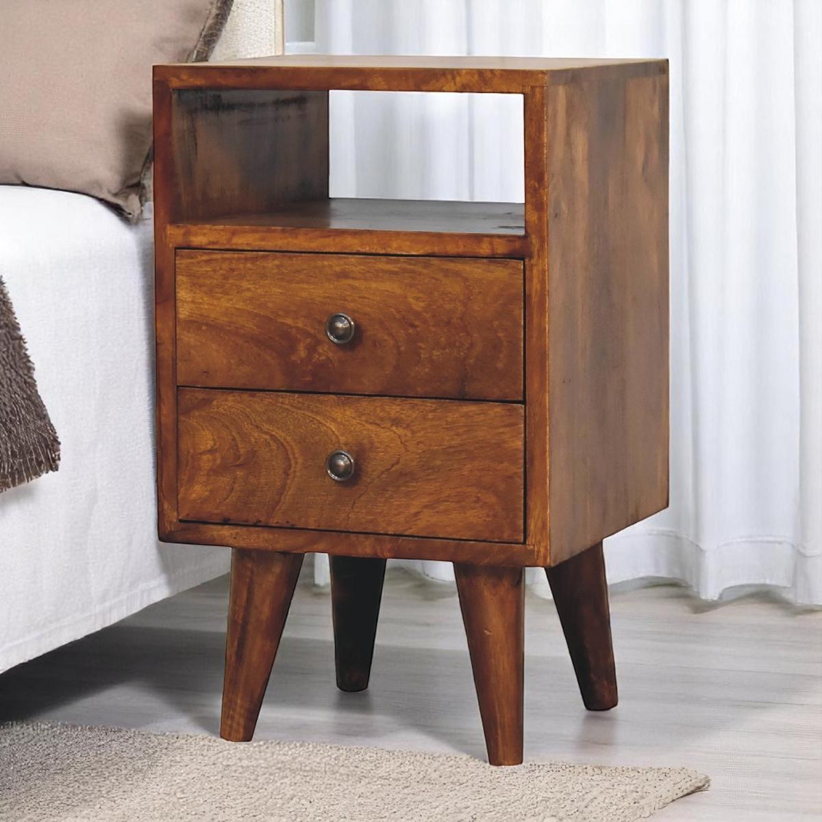 NACHTKASTEN Mini Klassisch Kastanie, 2 Schubladen und Offenes Fach, Dunkelbraun - Dunkelbraun/Messingfarben, Holz/Metall (30/50/30cm) - Artisan Furniture