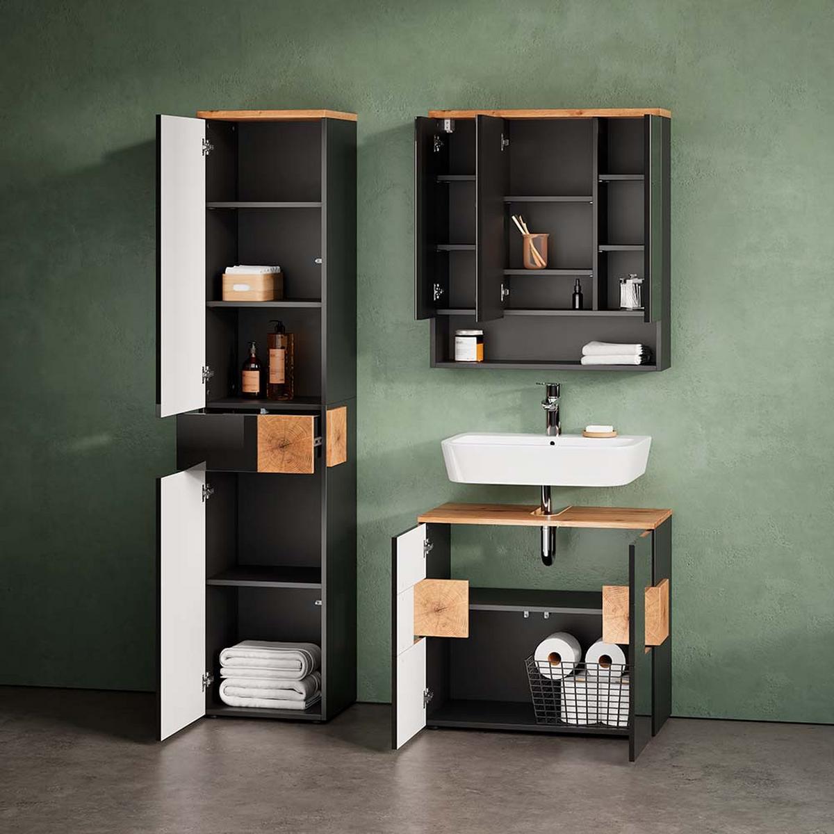 BADMÖBEL-SET Tanaro Anthrazit 3 Teile, mit Hochschrank - Anthrazit, Holzwerkstoff (73/64/37cm) - Livinity®