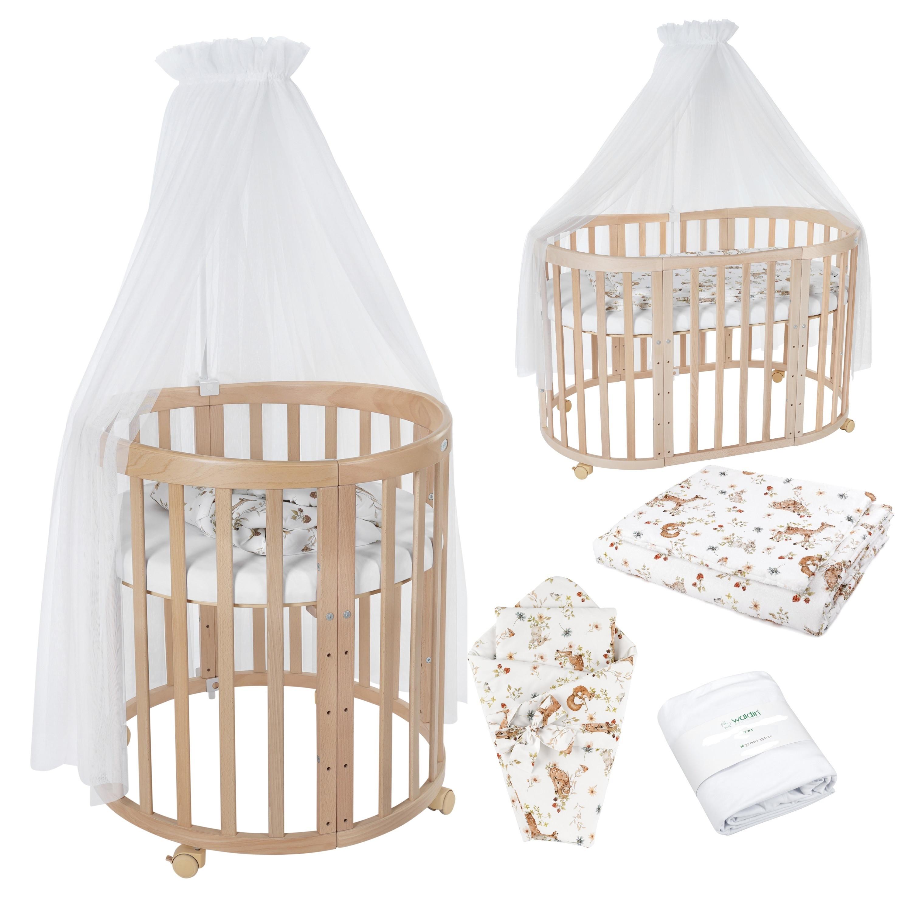 BABYBETT NATUR OVAL 7in1 mit Matratze und Himmelset - Multicolor/Naturfarben, Holz/Textil (73/125cm) - waldin