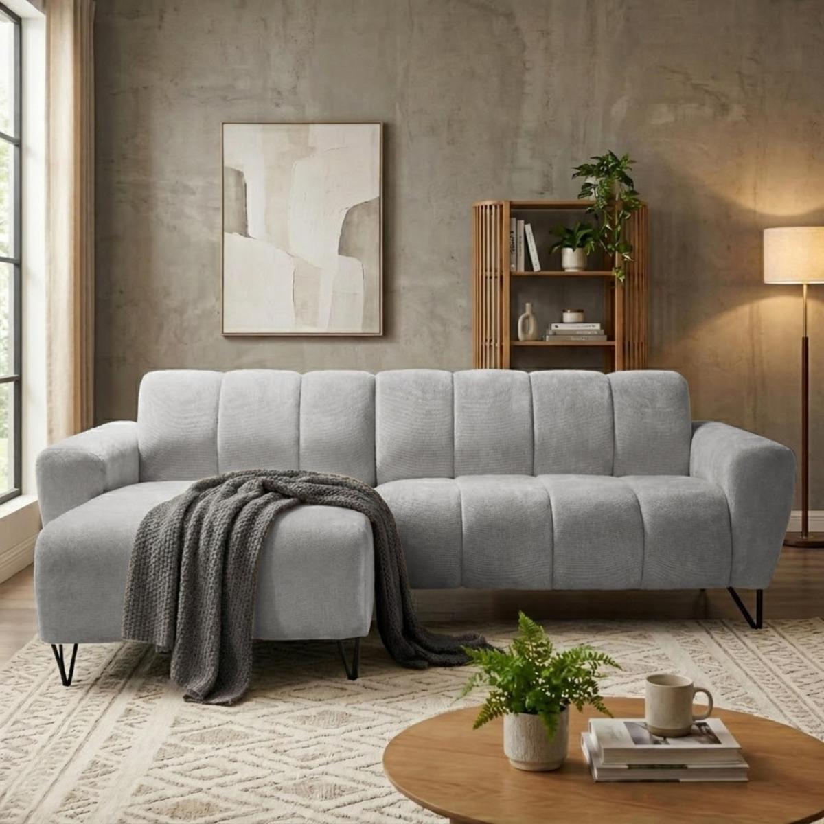 ECKSOFA Volare Mini ohne Schlaffunktion hellgrau links, Vega-Stoff - Hellgrau/Schwarz, Textil/Metall (256/165cm) - Beautysofa