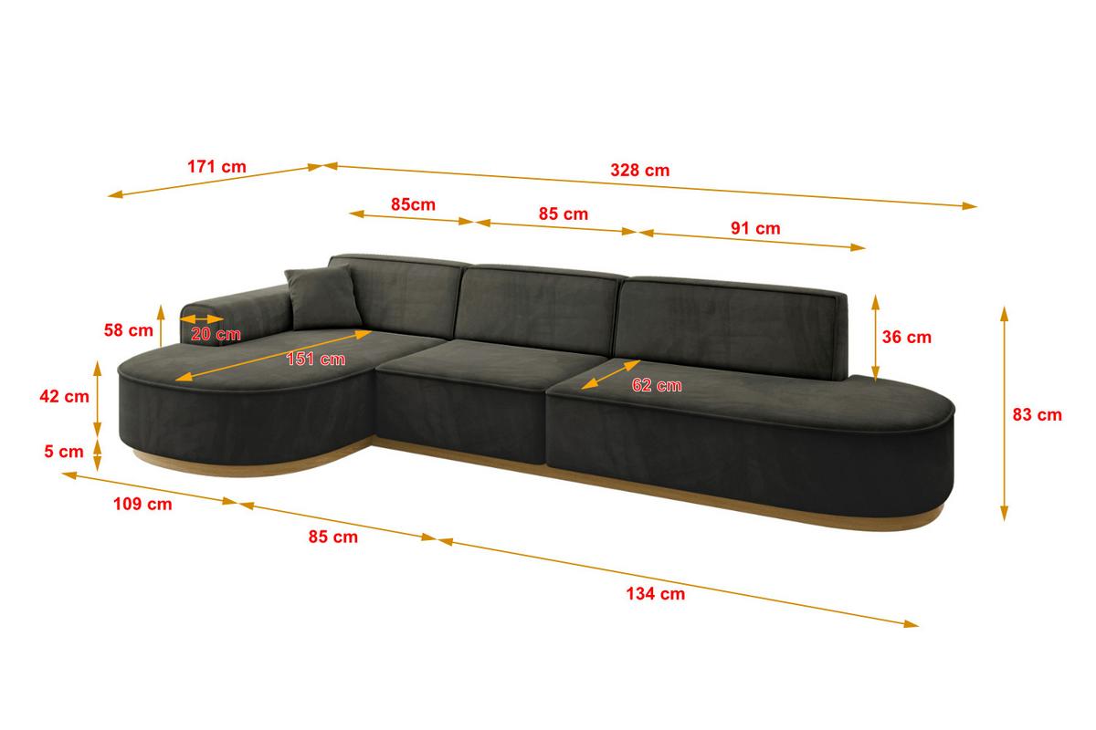 ECKSOFA Ottomane Links MARI-L2-v2 - 328x171x83 cm Schwarz Velours - Schwarz, Holzwerkstoff/Textil (328/171cm) - ALTDECOR