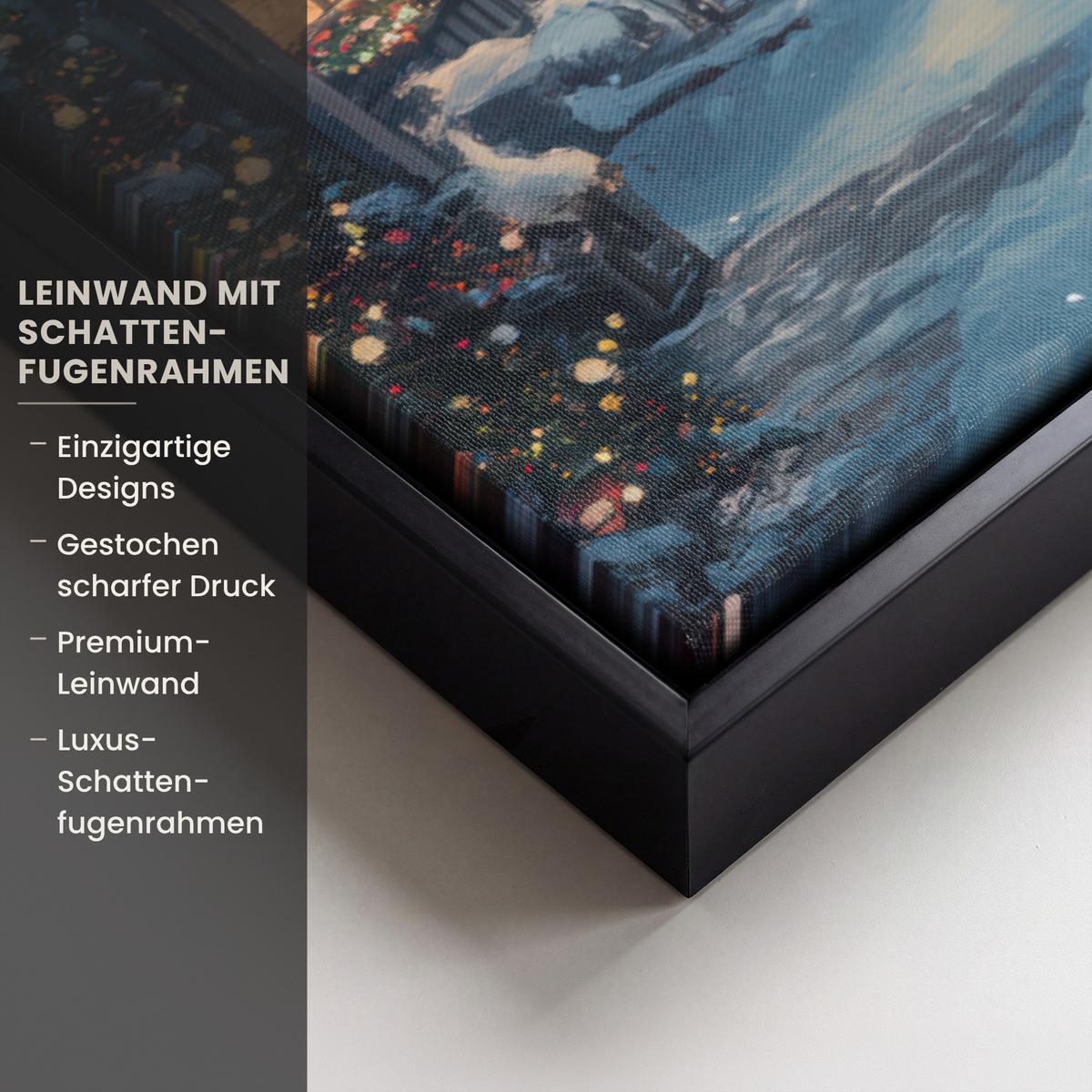 LEINWAND Bilder mit Rahmen - Weihnachtsdorf - Weihnachten - Schnee - Winter - 60x40 - Dunkelblau, Textil (60/40cm) - MuchoWow