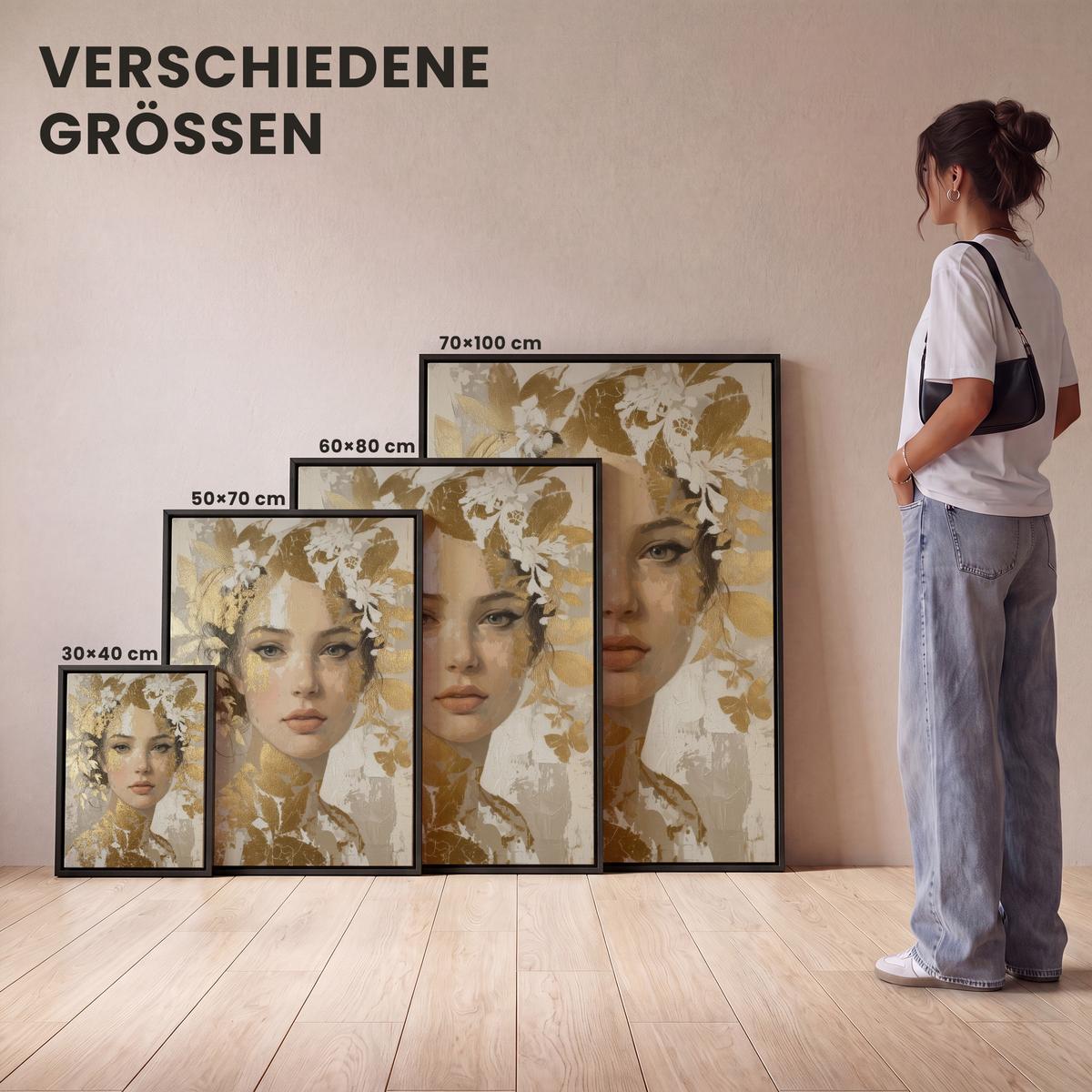 LEINWAND Bilder mit Rahmen - Gesicht - Frau - Blätter - Gold - 70x100 - Beige, Textil (70/100cm) - MuchoWow