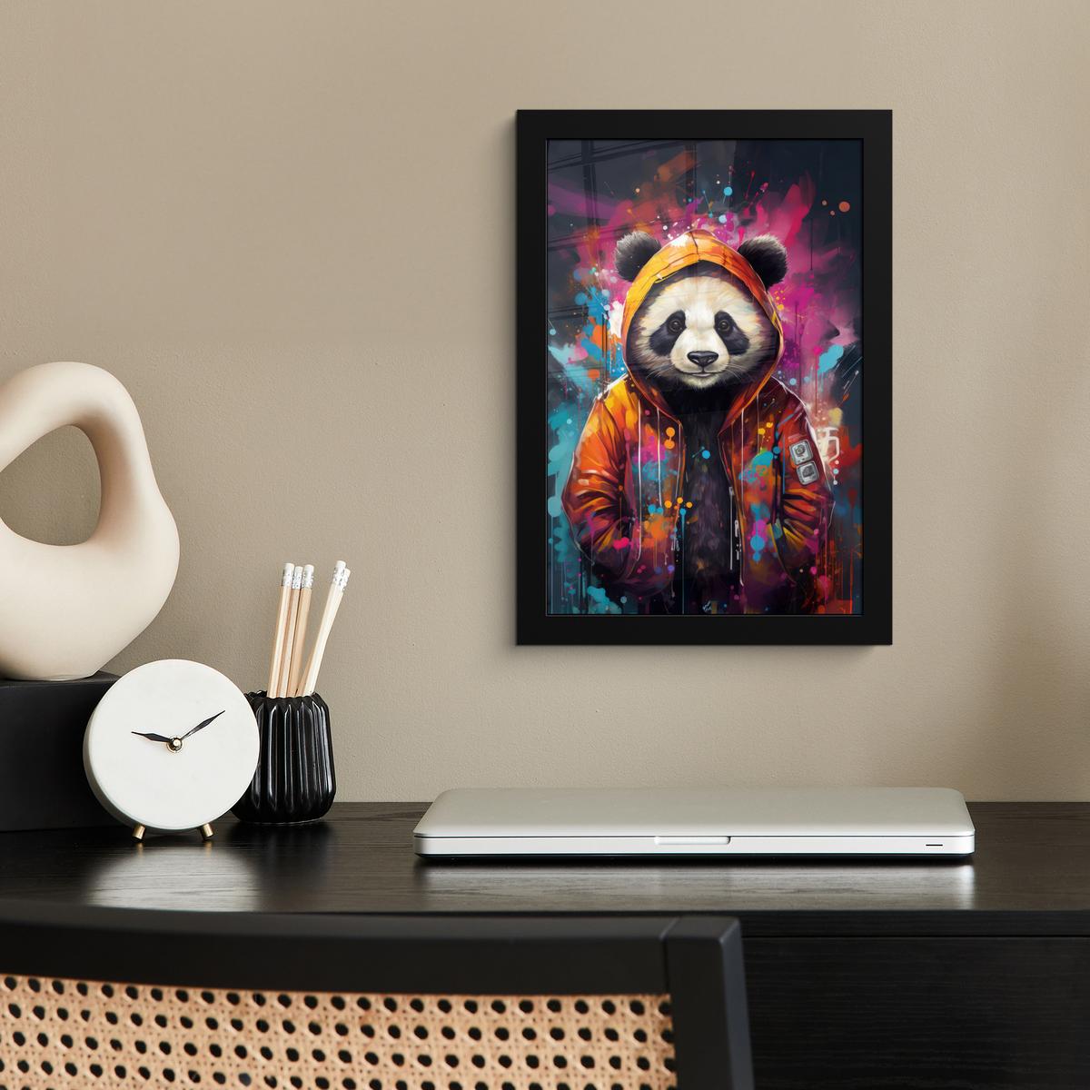 POSTER MIT RAHMEN Panda - Jacke - Graffiti - Orange Poster 20x30 cm - Orange, Papier (20/30cm) - MuchoWow