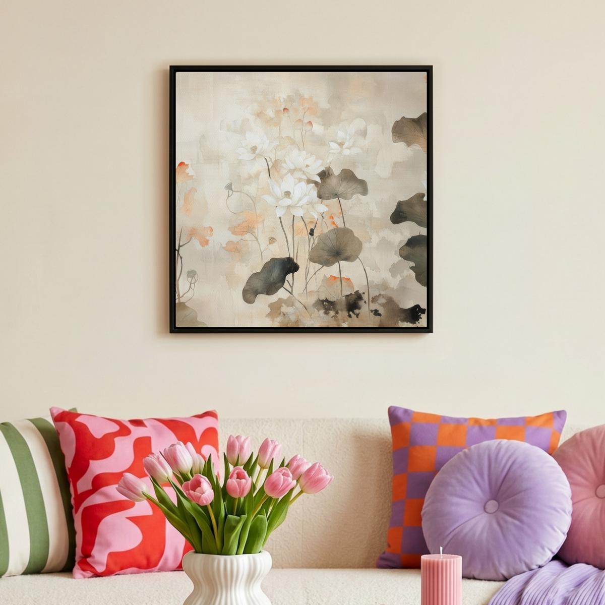 LEINWAND Bilder mit Rahmen - Blumen - Japandi - Wabi sabi - 50x50 - Sandfarben, Textil (50/50cm) - MuchoWow