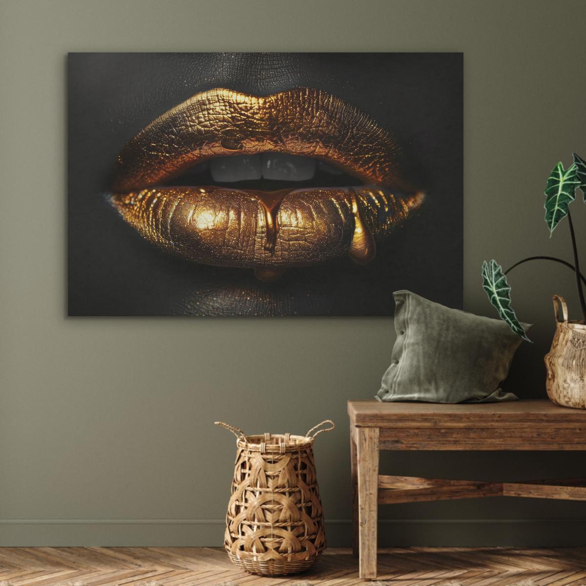 AKUSTIKBILD Frau - Porträt - Lippen - Gold - Schwarz Wandbild Wohnzimmer 100x70 cm - Schwarz, Kunststoff (100/70/0.9cm) - MuchoWow