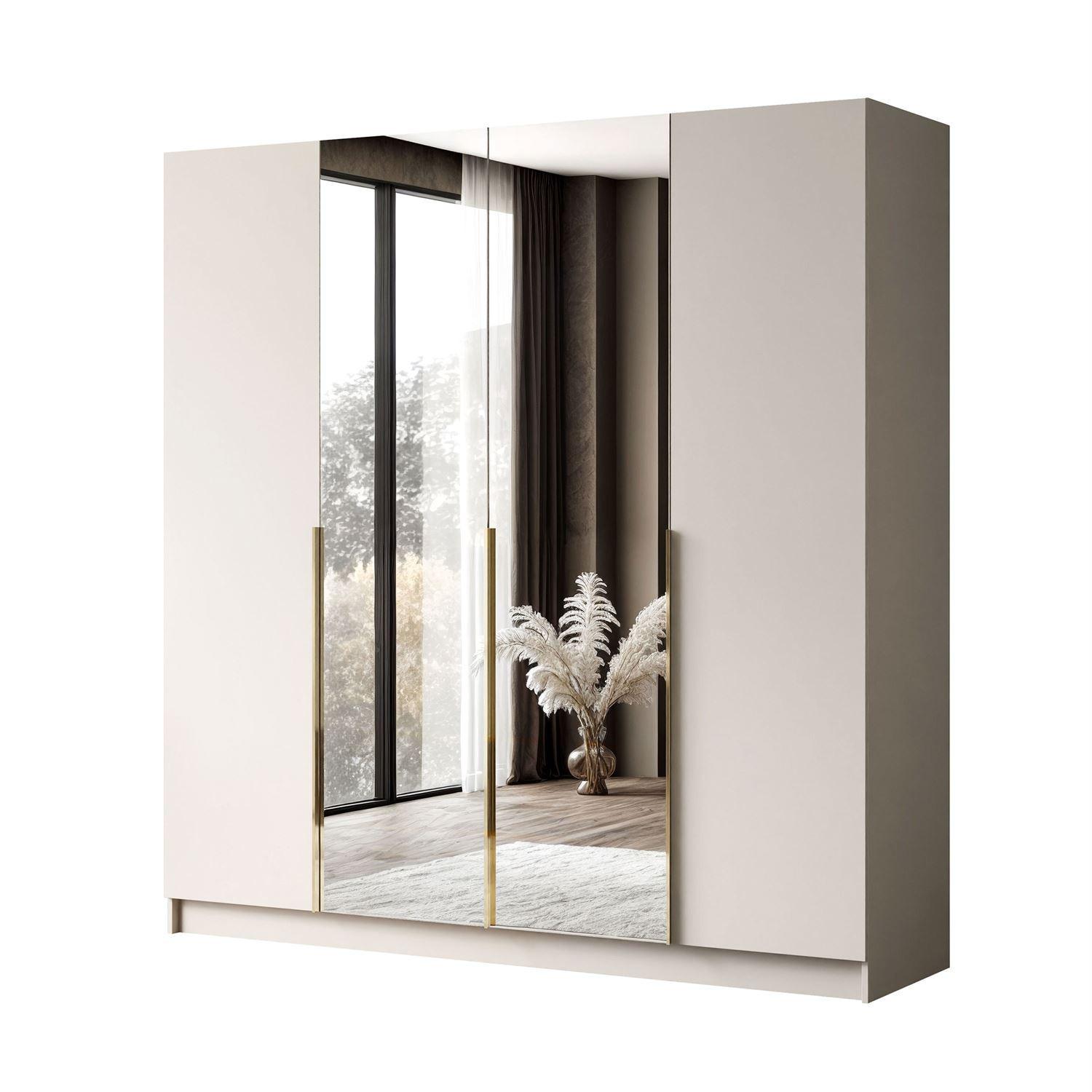 KLEIDERSCHRANK AUREL 4D mit Spiegel mit goldenen Griffen - Kaschmir/Goldfarben, Holzwerkstoff (200/200/57cm) - Lookway