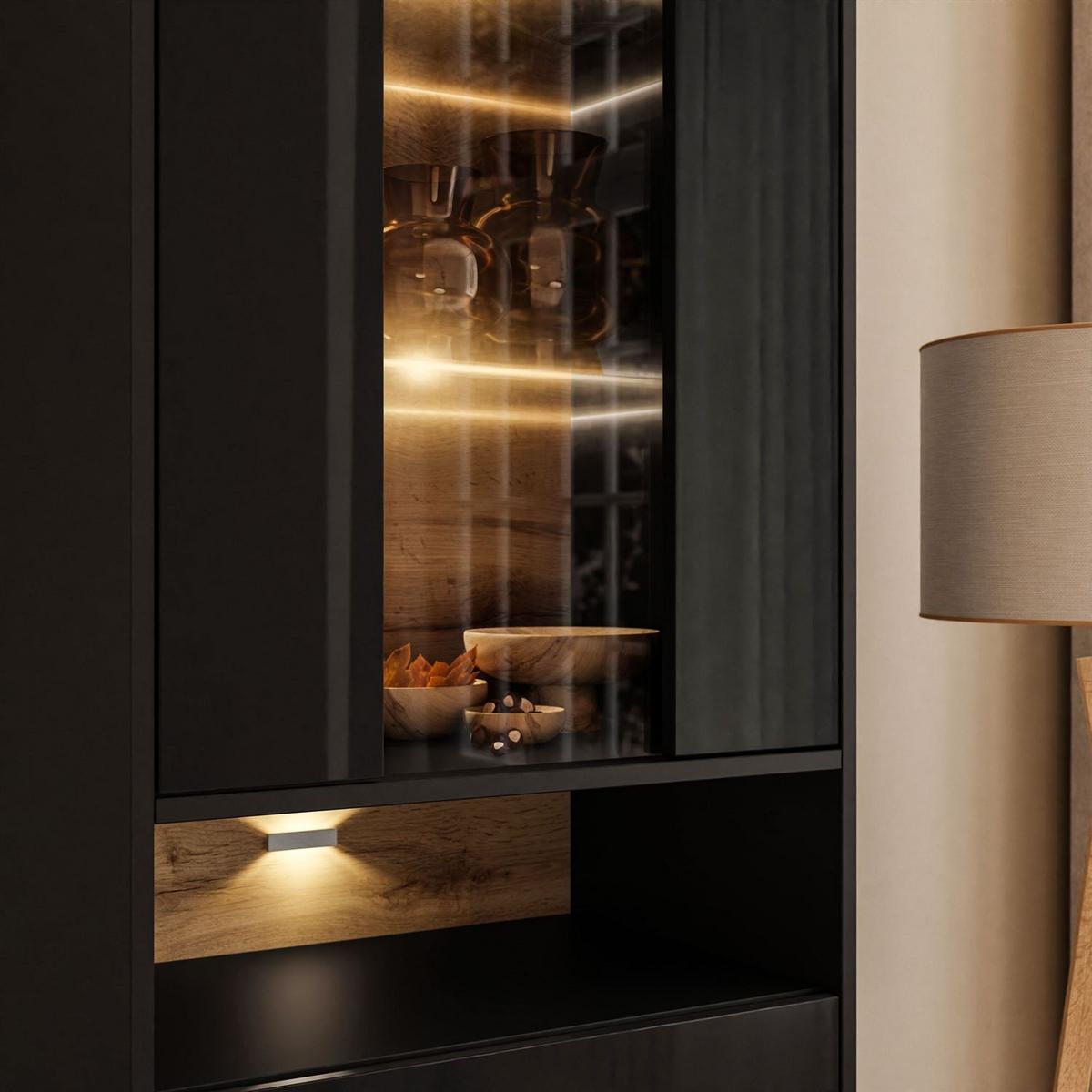 VITRINE VILLA II mit Wotan Eicheneinsatz - Eiche Wotan/Schwarz, Holzwerkstoff (60/180/40cm) - Lookway