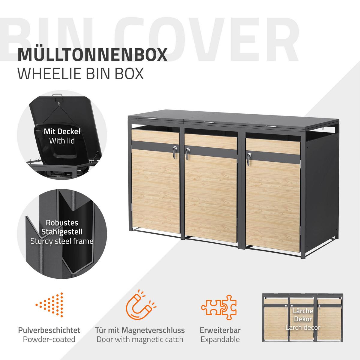 MÜLLTONNENBOX 3er Anthrazit-Holzoptik - Hellbraun, Metall (200/120/80cm) - ML-DESIGN