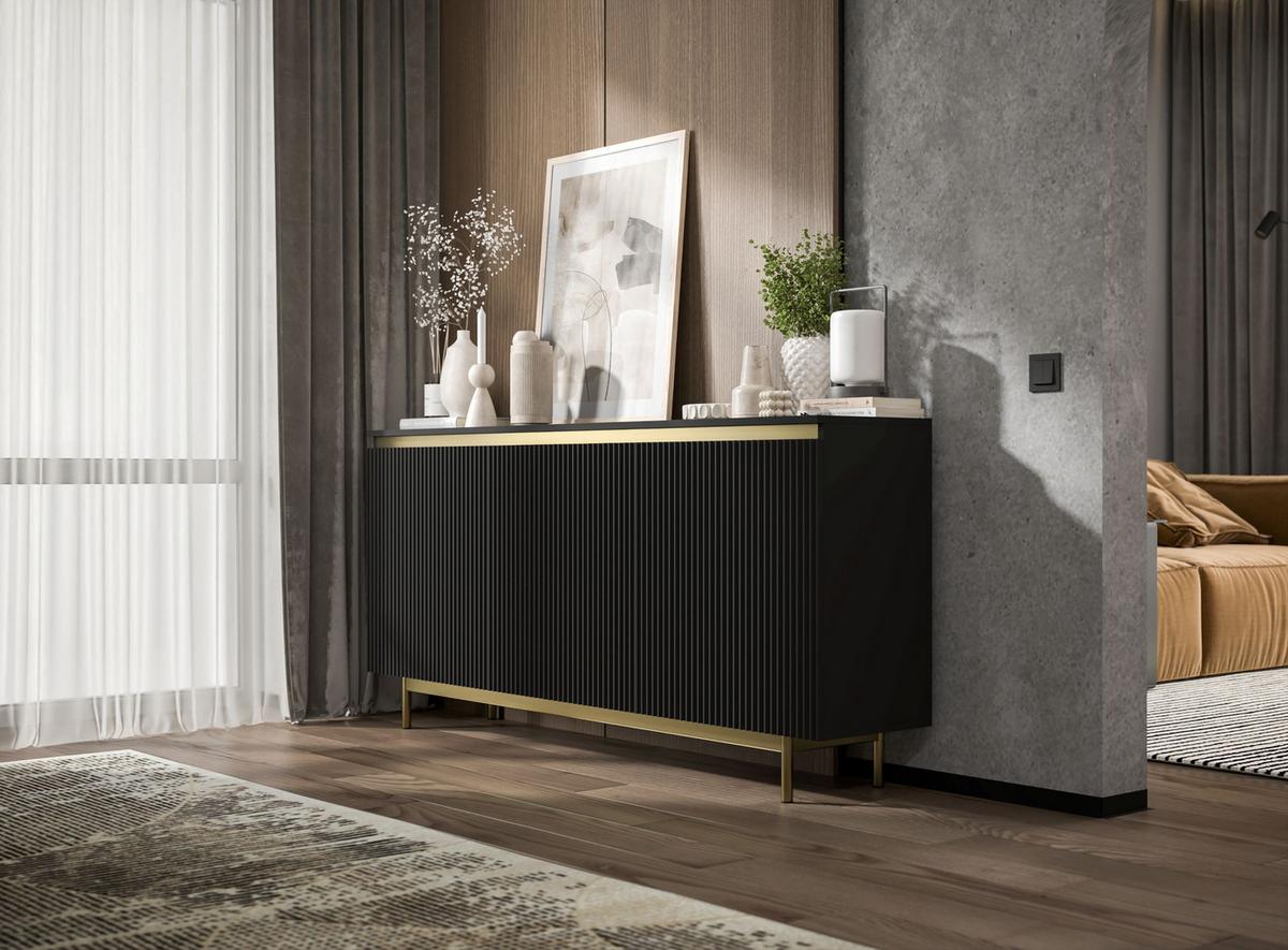 KOMMODE Selene 3D Schwarz matt 167 cm mit goldenem Metallrahmen - Goldfarben/Schwarz, Holzwerkstoff/Metall (167/79/35cm) - Meble Lindner