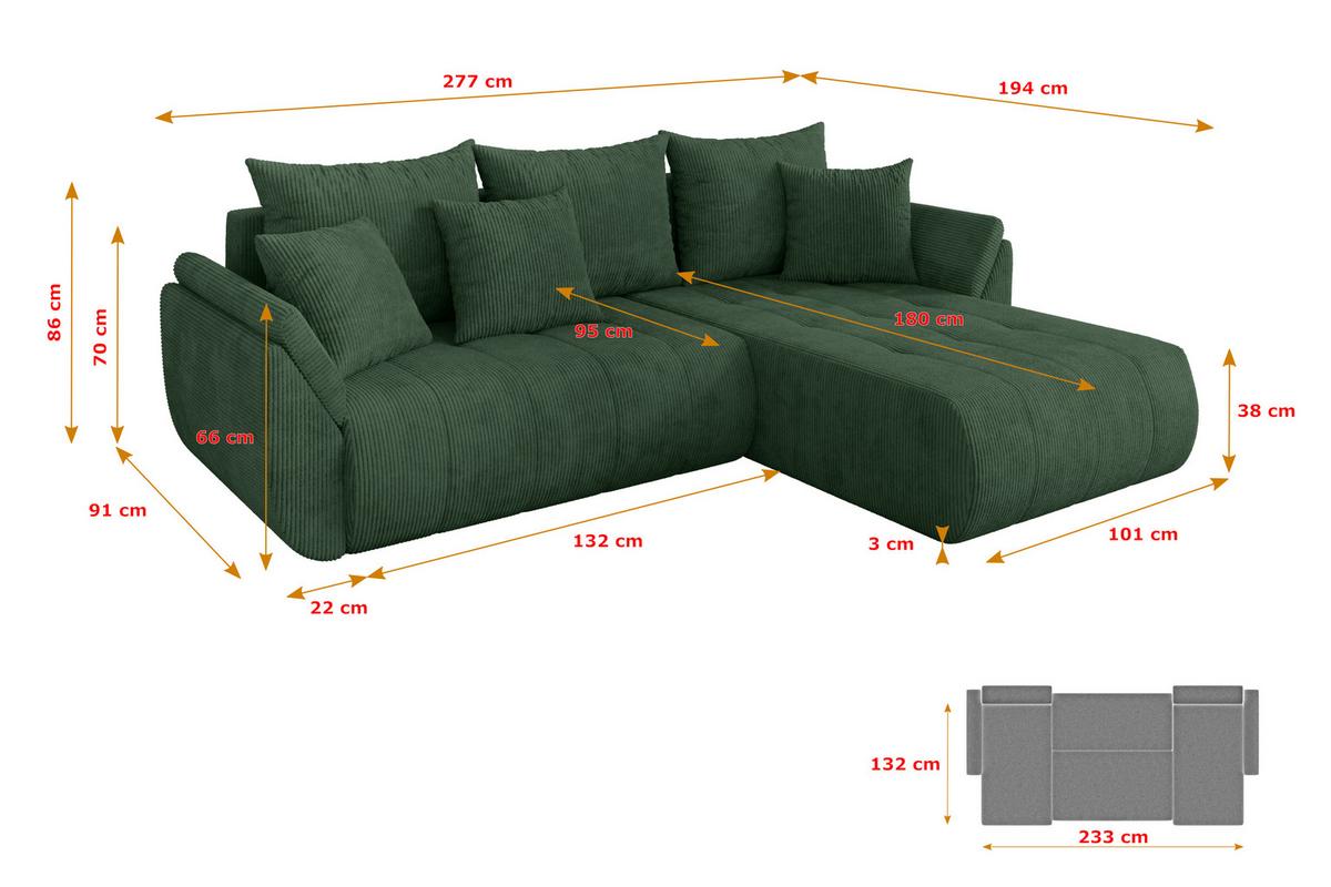 ECKSOFA mit Schlaffunktion Ottomane Rechts TOKO-L 277x194x86 Grün Cord - Dunkelgrün/Schwarz, Holzwerkstoff/Kunststoff (277/194cm) - ALTDECOR
