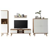 WOHNWAND weiß Eiche Riviera, Schrankwand skandinavisch 4-teilig 337 x 197 cm - Eichefarben/Weiß, Holzwerkstoff/Metall (337/197/40cm)