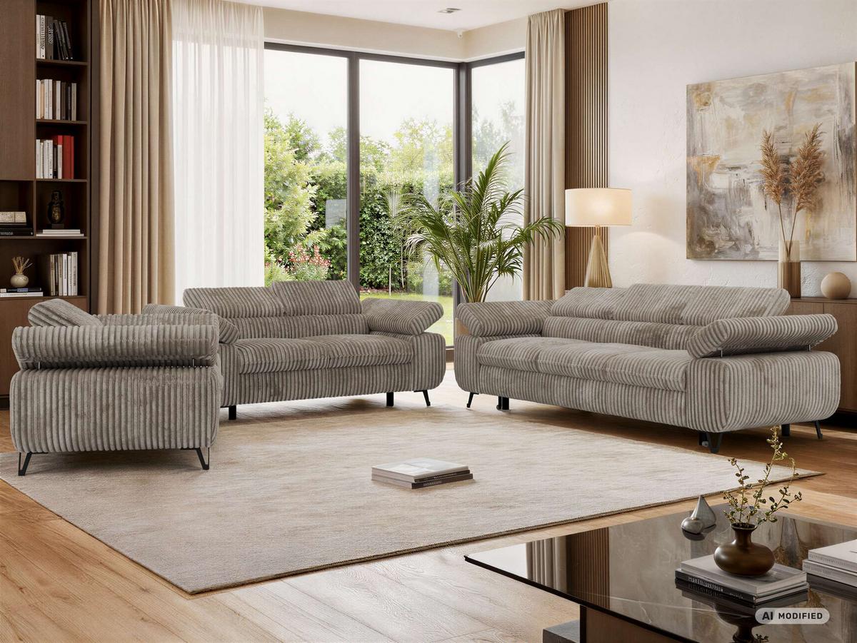SITZGARNITUR PETER 1+2+3 mit Schlaffunktion - Hellbraun Cord - Hellbraun/Schwarz, Textil/Metall (262/76/99cm) - MKS