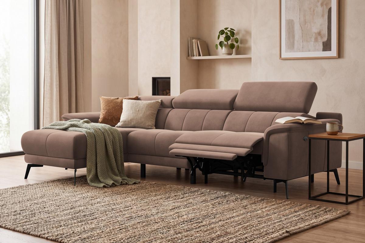 ECKSOFA FIERO 4-Sitzer LINKS, Brauner Veloursstoff - Schwarz/Braun, Holz/Textil (288/170cm) - Courtois Laville