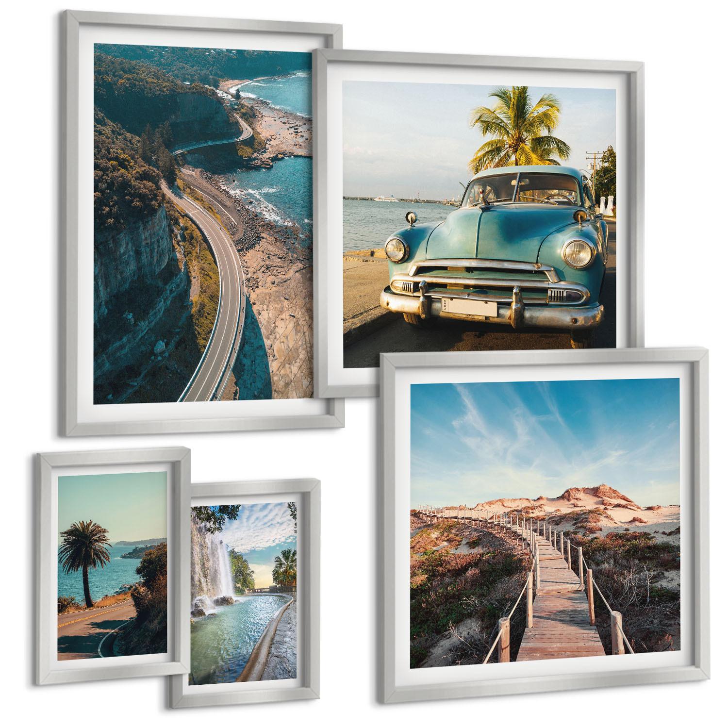 BILDER SET 5er Set - 50x50 cm & 20x30 cm & 40x60 cm Silberner Rahmen - Fuji-Torii-Bambuswald, Japan - Silberfarben, Kunststoff (40/60cm) - TULUP