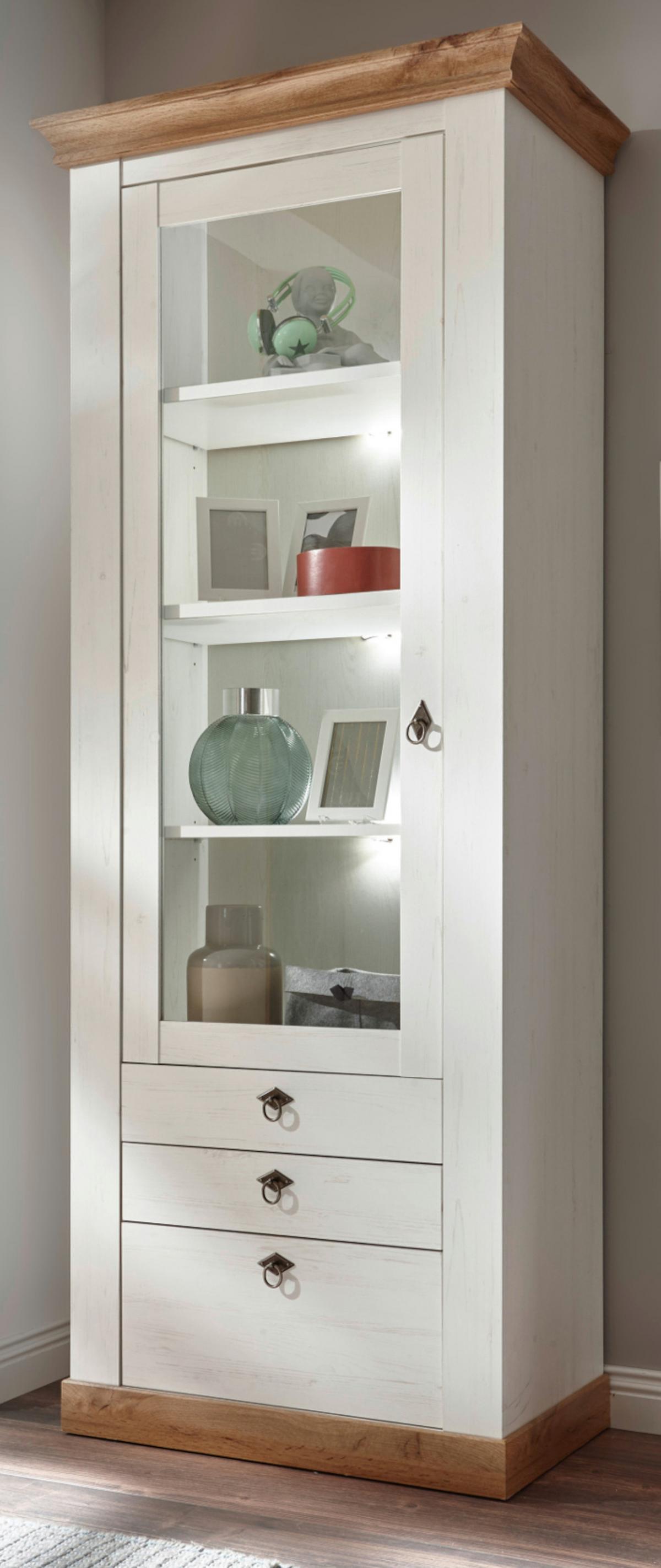 VITRINE weiß Pinie, Eiche 82 cm, Vitrinenschrank im Landhaus-Stil - Silberfarben/Eiche Wotan, Holzwerkstoff/Metall (82/204/44cm) - Furn.Design