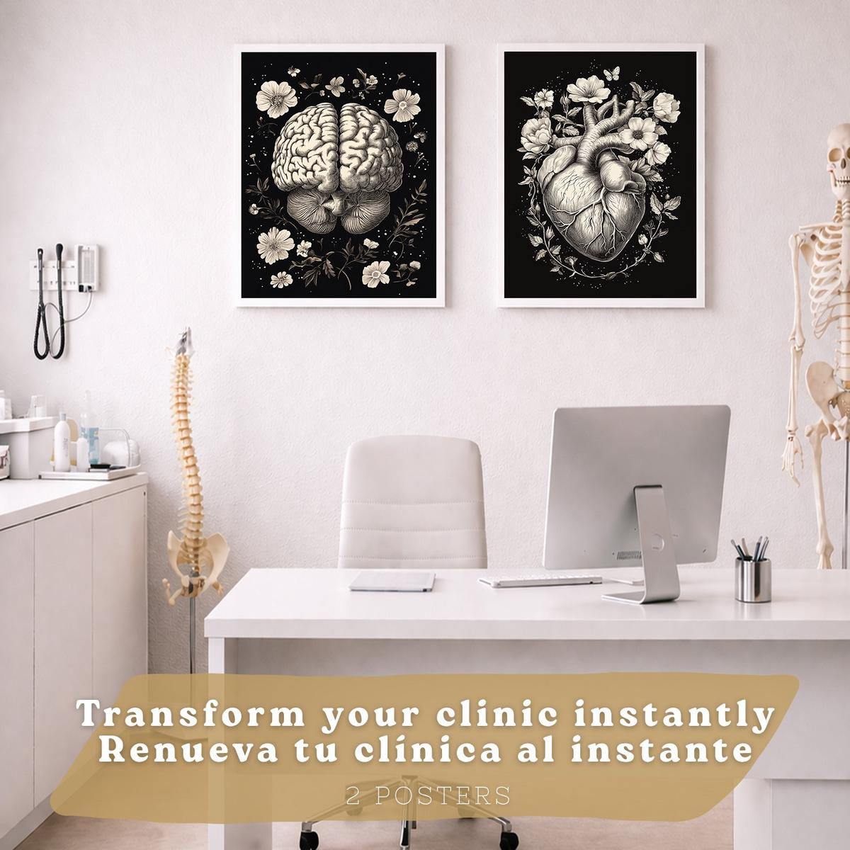 POSTER Set aus 2 Anatomie Mensch Drucke und Wandbilder mit Gehirn und Herz Monochromes Florales Design Schwarzer Hintergrund Größe Weißer Rahmen A3 - Weiß, Papier (29.7/42/3cm) - Nacnic