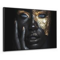 LEINWAND Bilder mit Rahmen - Frau - Gold - Porträt - Schwarz-Weiß - Luxus - 90x60 - Hellblau, Textil (90/60cm) - MuchoWow