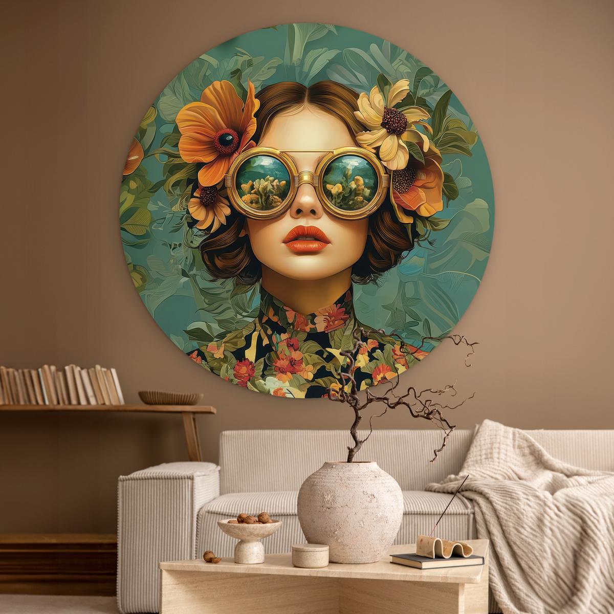 WANDBILD Frau - Blumen - Schmetterlinge - Natur - Vintage Deko Groß 150x150 cm - Petrol, Kunststoff (150/150cm) - MuchoWow