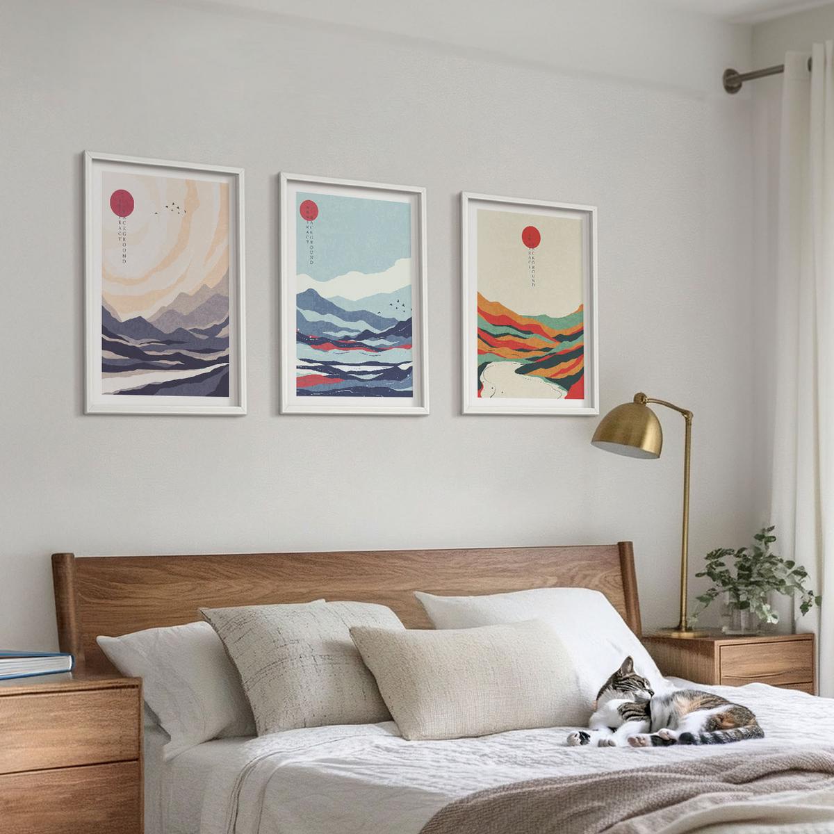 BILDER SET 3er Set - 40x60 cm Weißer Rahmen - Japanische Bergabstraktionen - Weiß, Kunststoff (40/60cm) - TULUP
