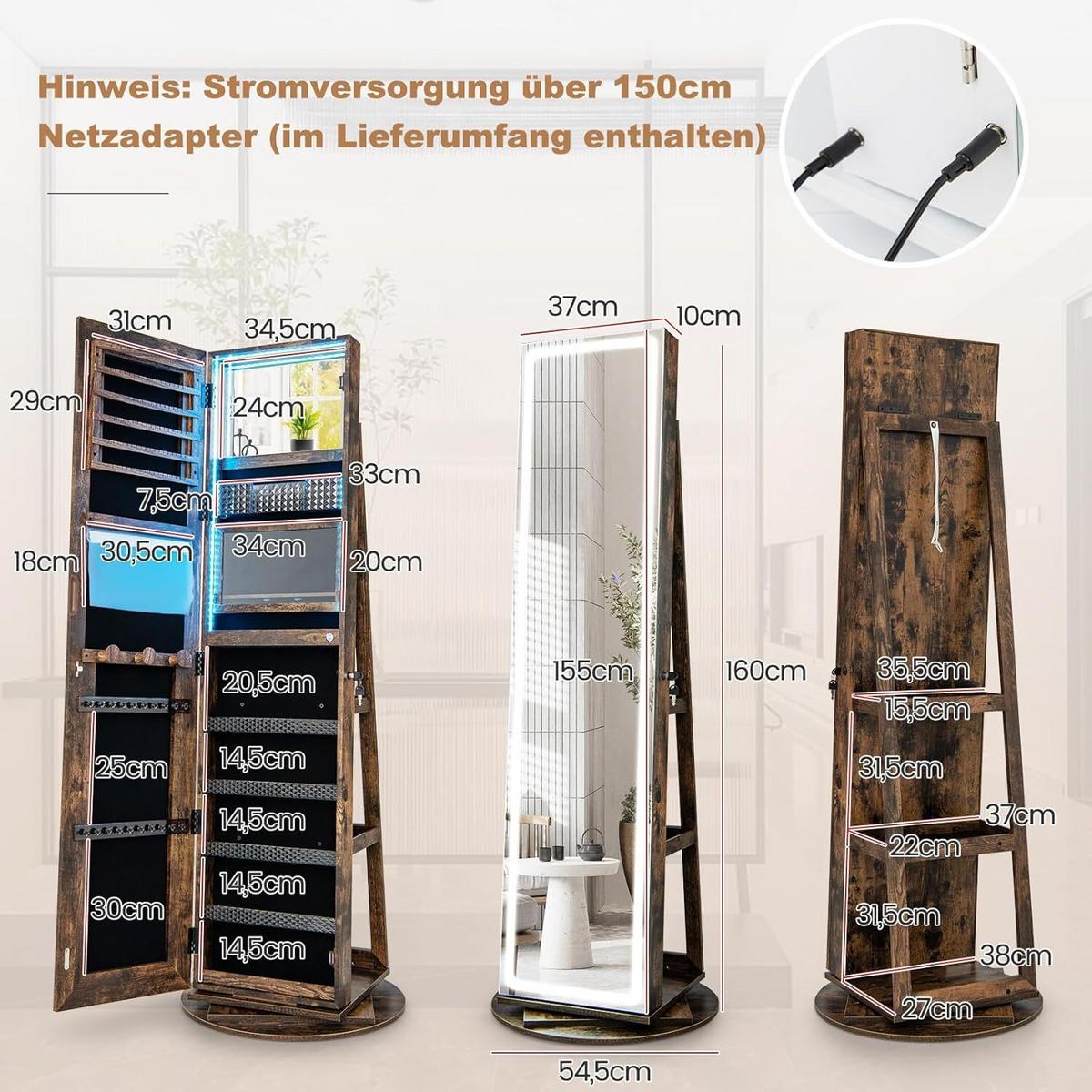 SCHMUCKSCHRANK 160cm Kaffee - Braun, Holz (54/160/54cm) - COSTWAY
