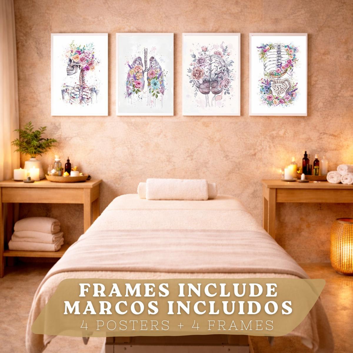 POSTER Set aus 4 Anatomie Mensch Drucke und Wandbilder mit Schädel Lungen Verdauungssystem und Gehirn Florales Aquarell Design Größe Weißer Rahmen A4 - Weiß, Papier (21/29.7/3cm) - Nacnic