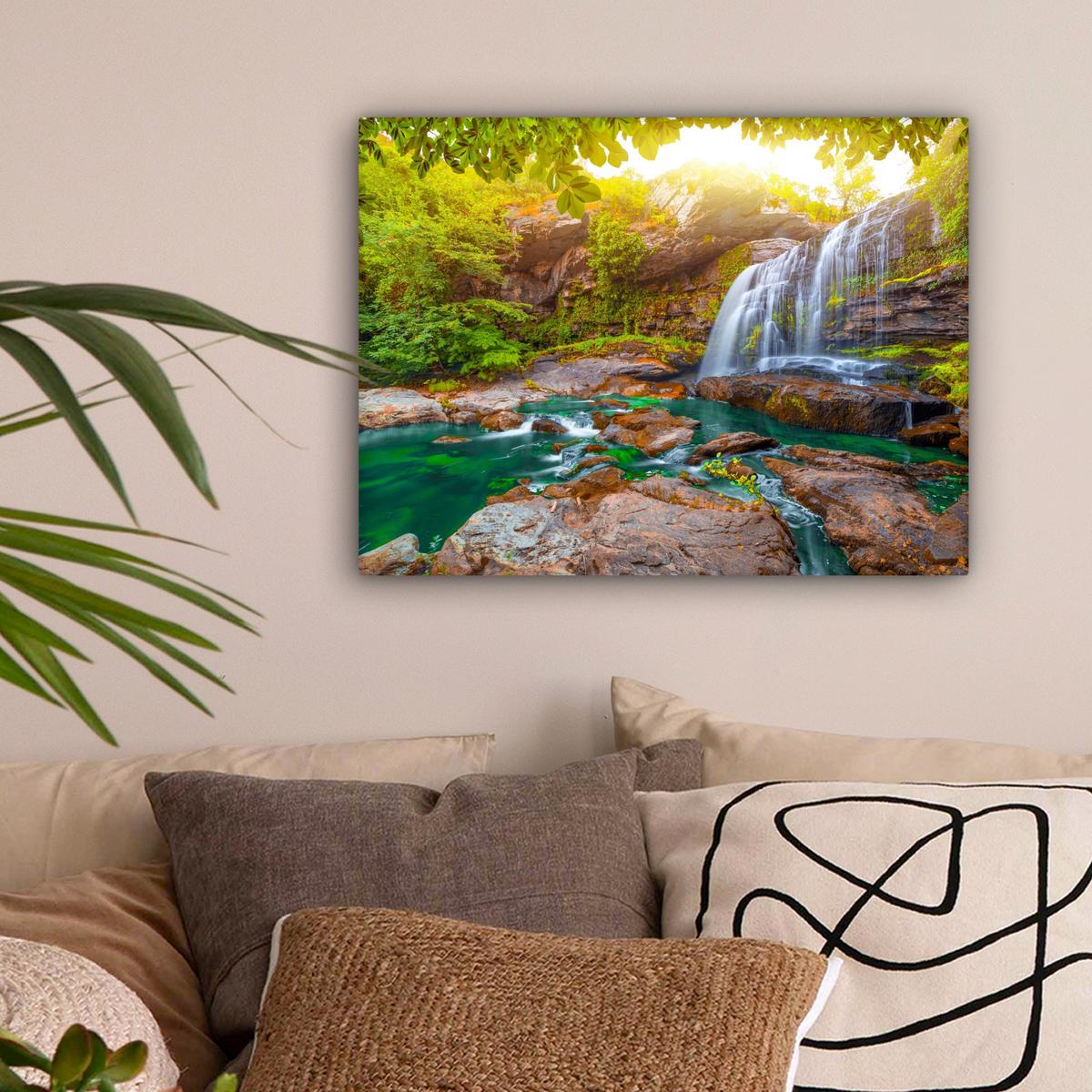 LEINWANDBILD Natur - Wasserfall - Pflanzen - Bäume - Sonne Wandbild 40x30 cm - Olivgrün, Textil (40/30cm) - MuchoWow