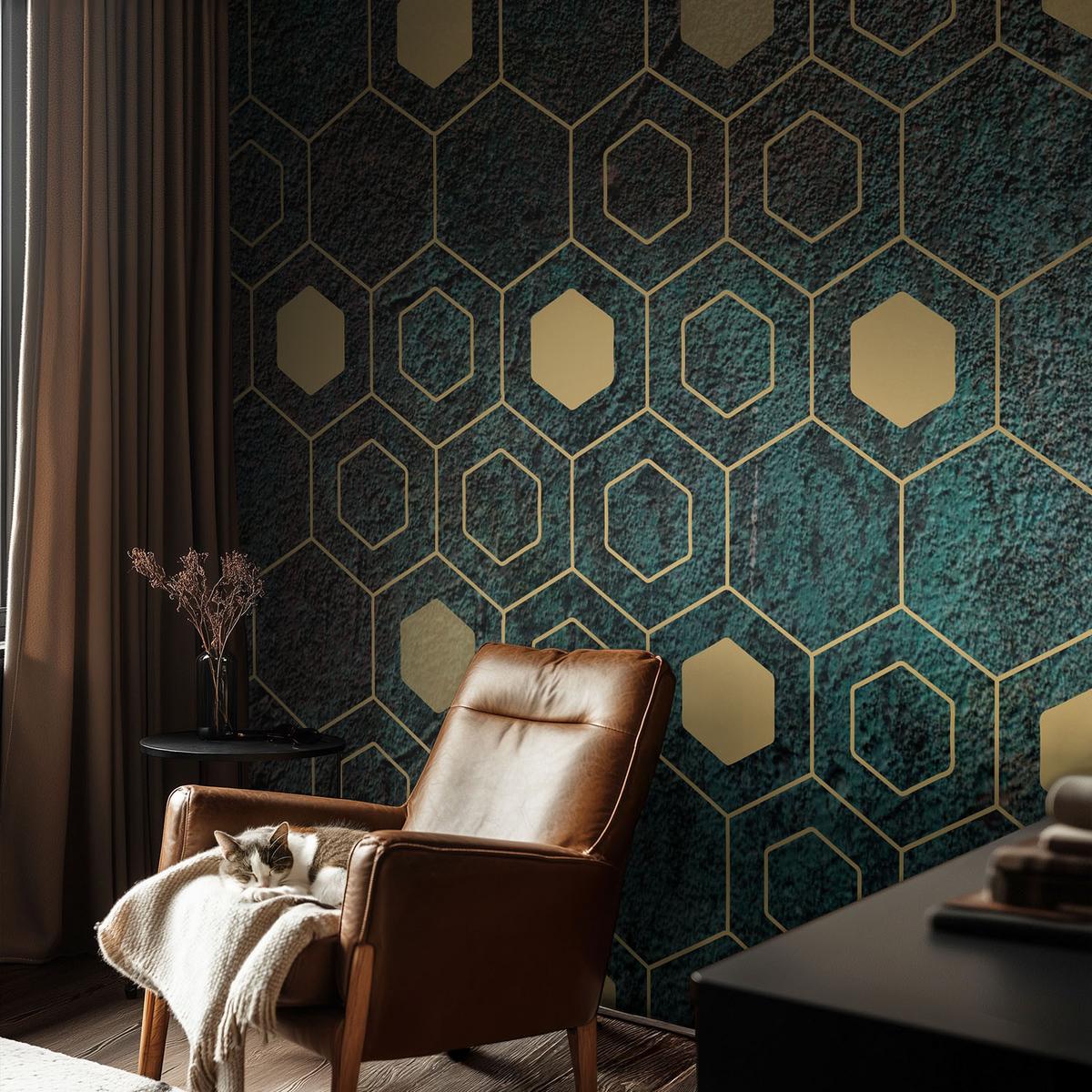 FOTOTAPETE 416x254 cm - Geometrische Sechsecke - Grün, Textil (416/254cm) - Wallfluent