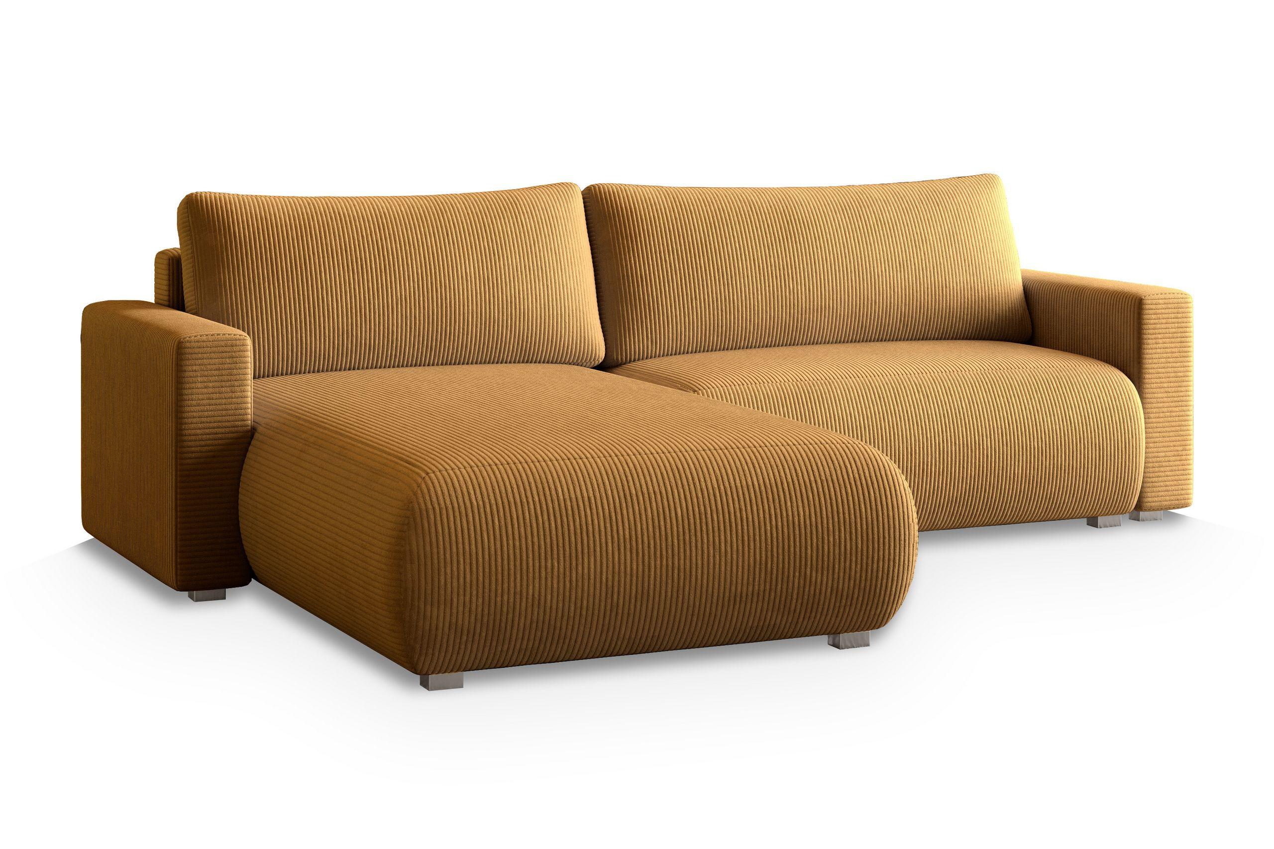 ECKSOFA TURIN P Gelb Kordstoff mit Schlaffunktion - Gelb/Grau, Holz/Kunststoff (265/183cm) - MASSENO