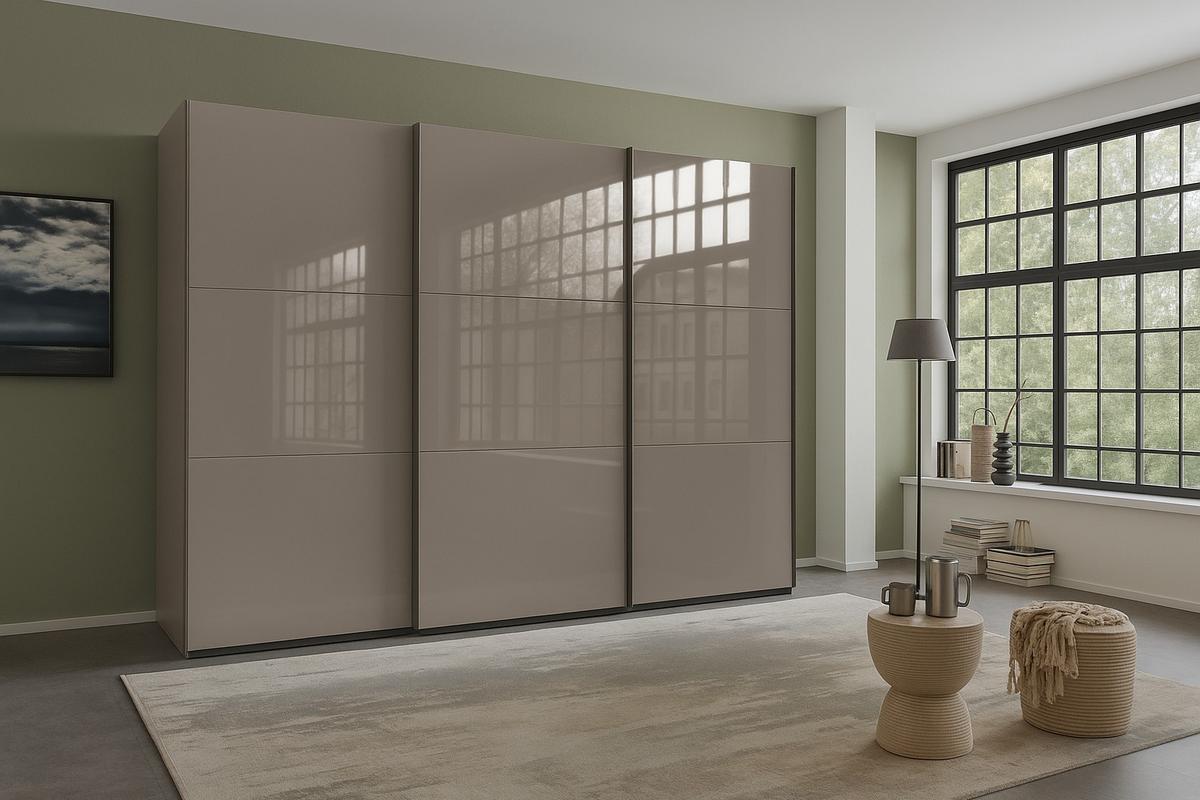 SCHWEBETÜRENSCHRANK 3-türig B300/H216/T65 cm in Sandgrau mit Glasfront, Kleiderschrank inkl. Vollausstattung / 22037 - Sandfarben/Eichefarben, Holzwerkstoff/Metall (300/216/65cm) - luma-home