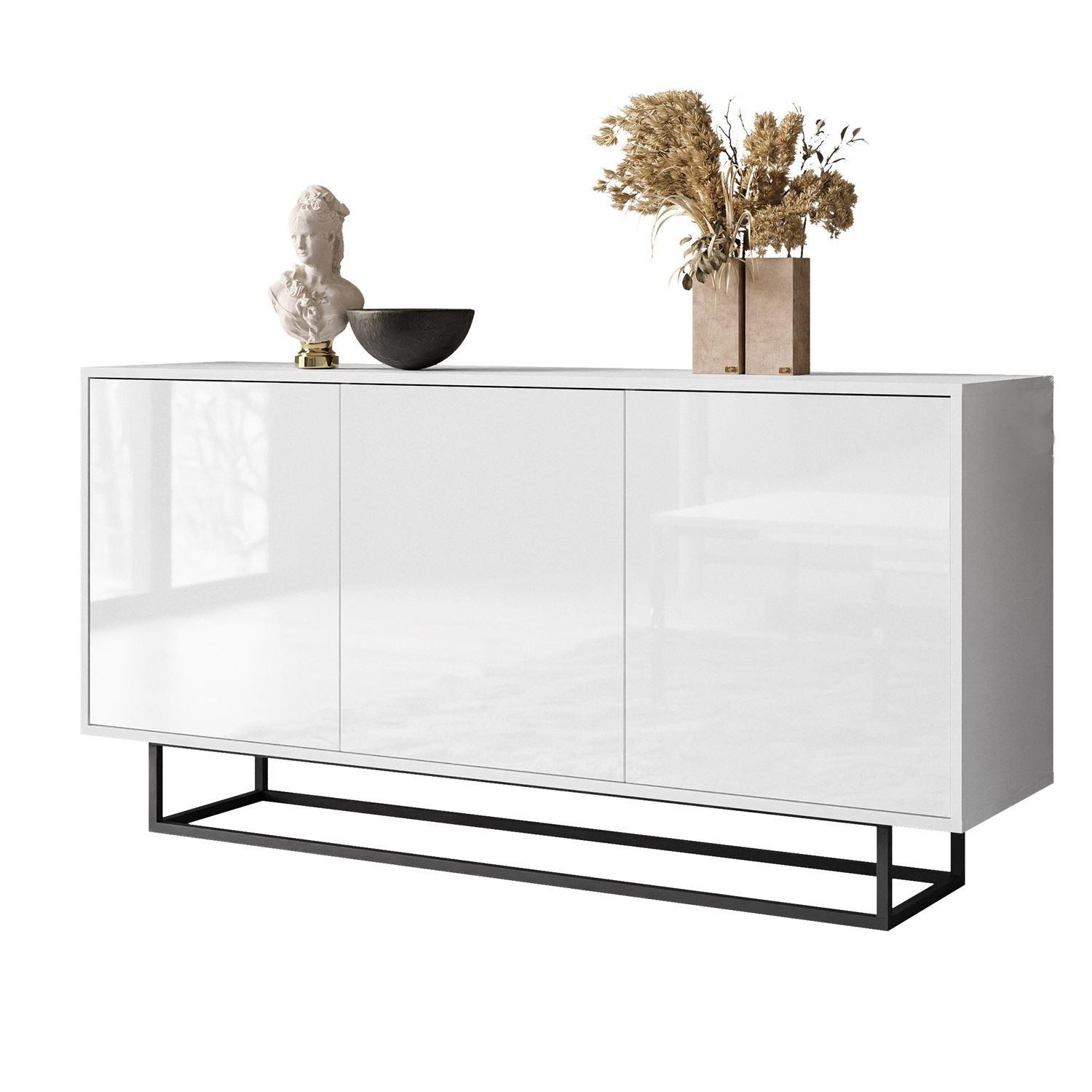 SIDEBOARD SANAYI auf schwarzem Gestell, Hochglanz Weiß - Weiß Hochglanz/Weiß, Holzwerkstoff (154/75/40cm) - Lookway