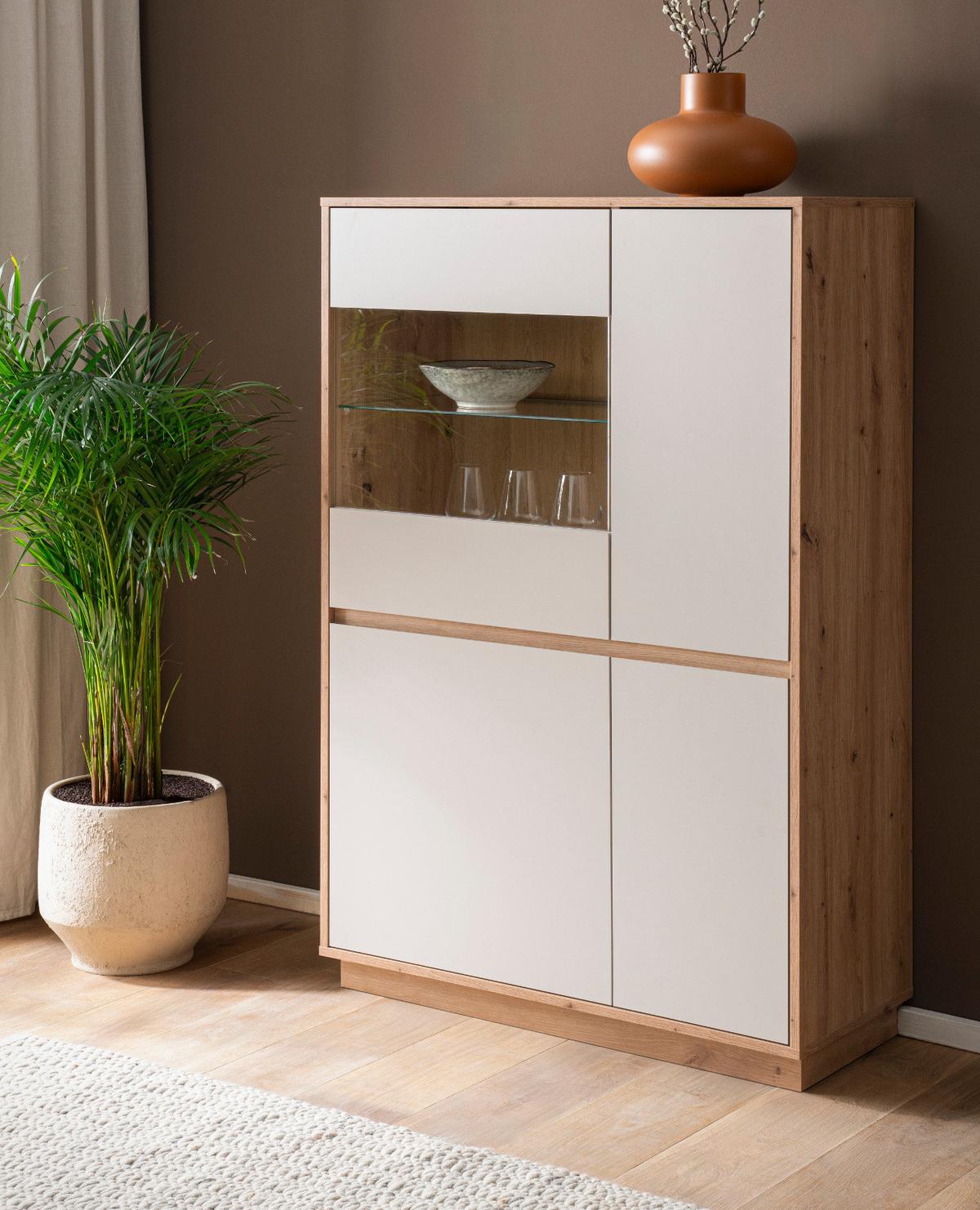 VITRINE Kaschmir, Eiche Artisan 75 cm, Highboard mit Soft-Close - Kaschmir/Eiche Artisan, Glas/Holzwerkstoff (75/144/40cm) - Furn.Design