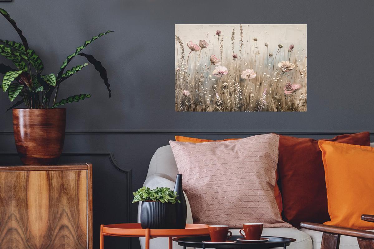 WANDTATTOO Blumen - Rosa - Modern - Beige Deko Wohnzimmer 60x40 cm - Beige, Kunststoff (60/40/0.1cm) - MuchoWow