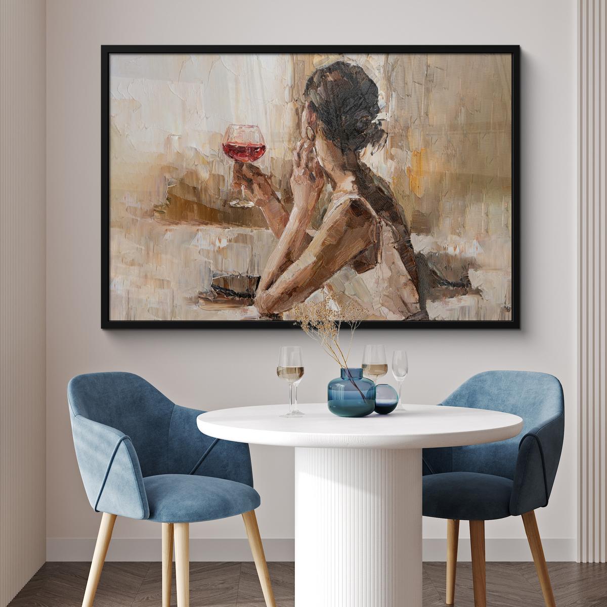 POSTER MIT RAHMENGERAHMTES BILD Ölgemälde - Frau - Wein 120x80 cm - Hellbraun, Papier (120/80cm) - MuchoWow