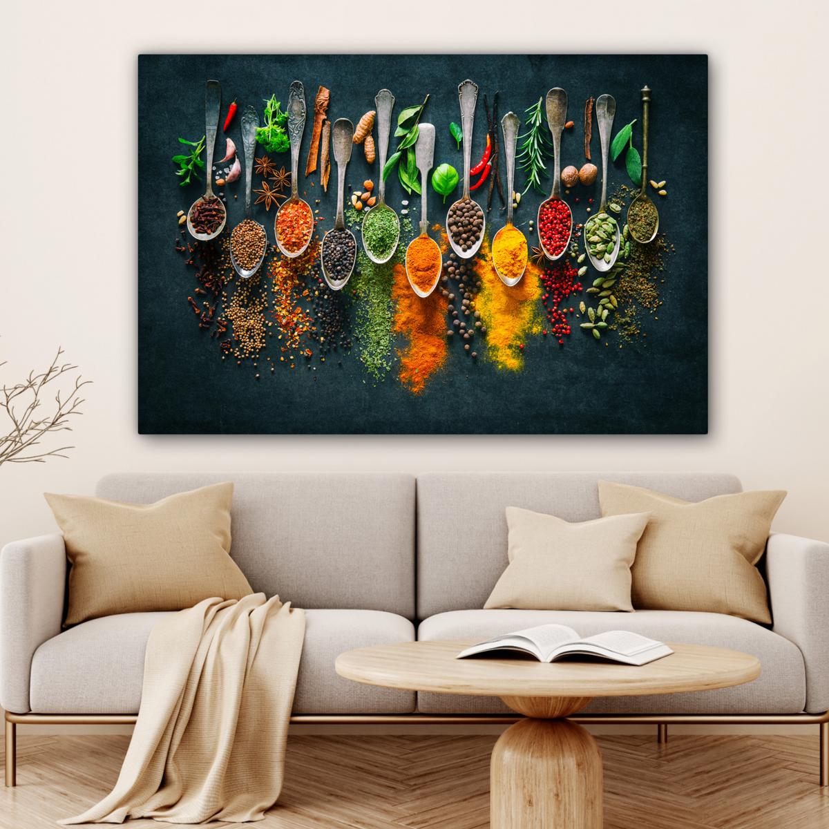 LEINWANDBILD Kräuter - Gewürze - Löffel Groß 140x90 cm - Currygelb, Textil (140/90cm) - MuchoWow