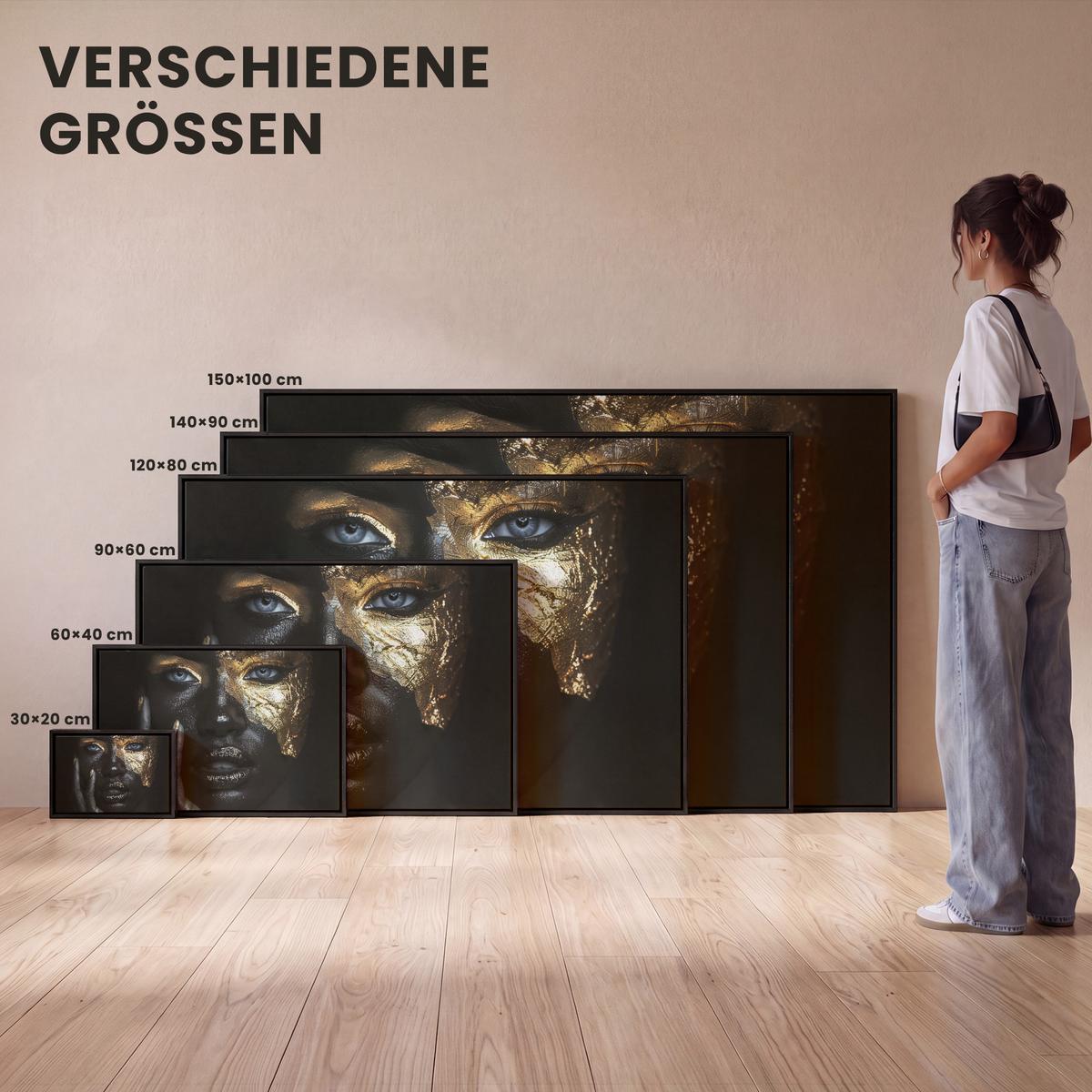 LEINWAND Bilder mit Rahmen - Frau - Gold - Porträt - Schwarz-Weiß - Luxus - 60x40 - Hellblau, Textil (60/40cm) - MuchoWow