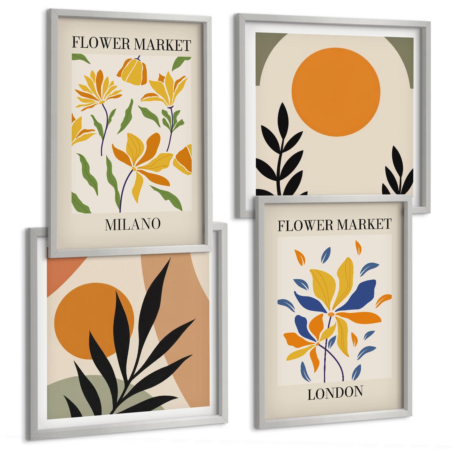 BILDER SET 4er Set - 50x50 cm & 40x60 cm Silberner Rahmen - Blumenposter Paris Mailand - Silberfarben, Kunststoff (50/50cm) - TULUP
