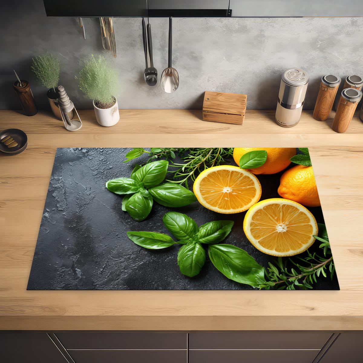 HERDABDECKPLATTE Obst - Grau - Konkret - Orange - Pflanzen Induktionsmatte 81x52 cm - Anthrazit, Kunststoff (81/52/0.2cm) - MuchoWow