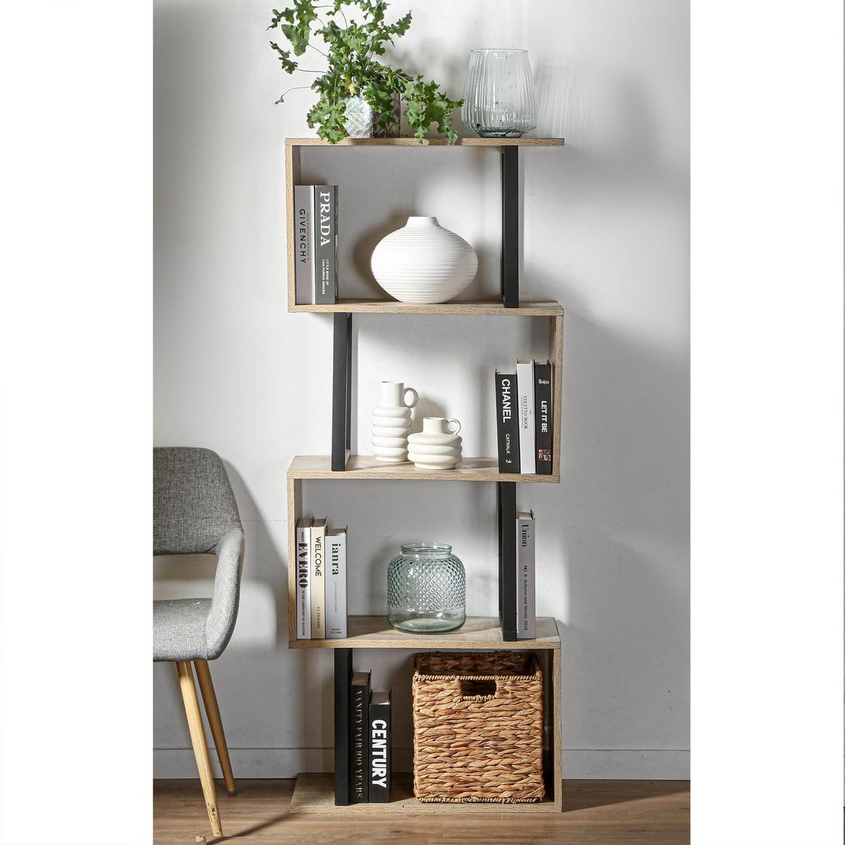 BÜCHERREGAL mit 4 Ebenen, Holzdekor und Metallständern - H148cm - Eschefarben, Holzwerkstoff (30/147.5/37cm) - Calicosy