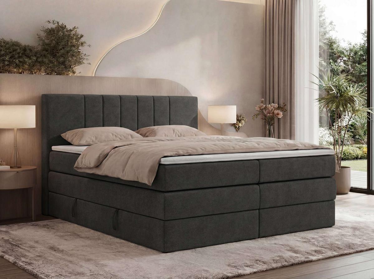 BOXSPRINGBETT INERO KING 140/200 - Dunkelgrau Stukture - Topper Visco - H3 - Dunkelgrau/Schwarz, Kunststoff/Textil (140/200cm) - MKS