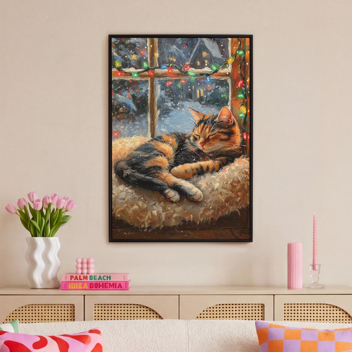 LEINWAND Bilder mit Rahmen - Katze - Weihnachten - Winter - Tier - 60x90 - Bernsteinfarben, Textil (60/90cm) - MuchoWow