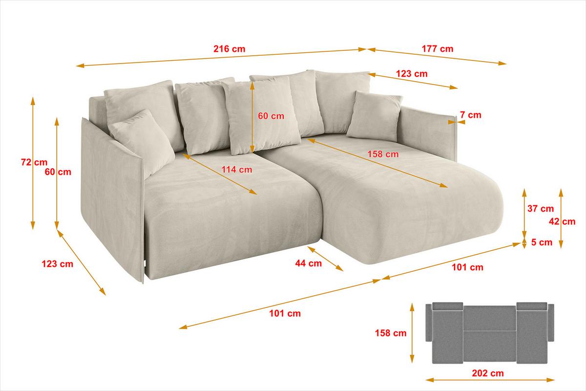 ECKSOFA Ottomane rechts ONESK-L 216x177x72 Ecru Velours - Ecru, Holzwerkstoff/Kunststoff (177/216cm) - ALTDECOR