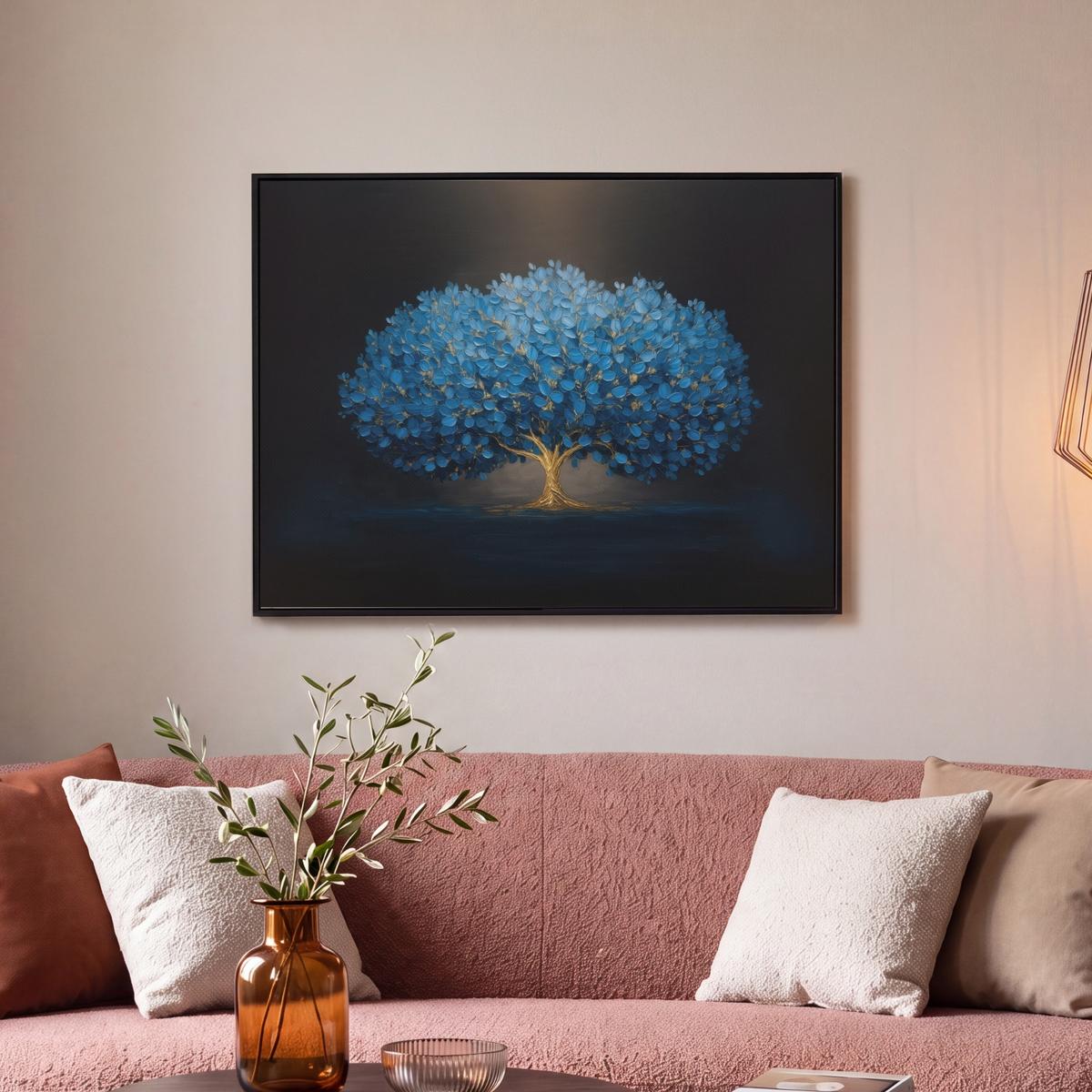 LEINWAND Bilder mit Rahmen - Baum - Blau - Blätter - Pinselstriche - 80x60 - Blau, Textil (80/60cm) - MuchoWow