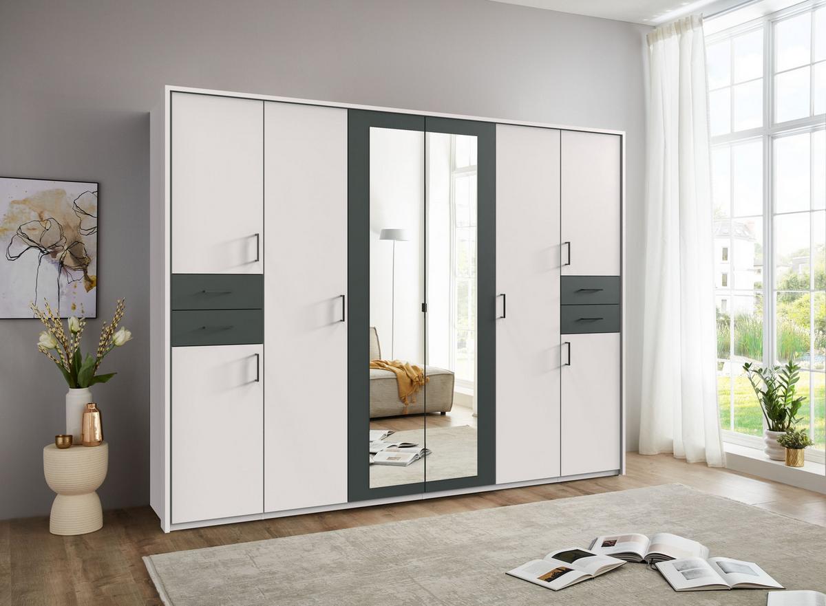 DREHTÜRENSCHRANK B273/H210/T58 cm, Weiß mit Absetzungen in Grafit, Kleiderschrank mit Passepartout&2Spiegeltüren&Schubkästen, Griffe schwarz / 22578 - Graphitfarben/Schwarz, Holzwerkstoff/Kunststoff (273/210/58cm) - luma-home