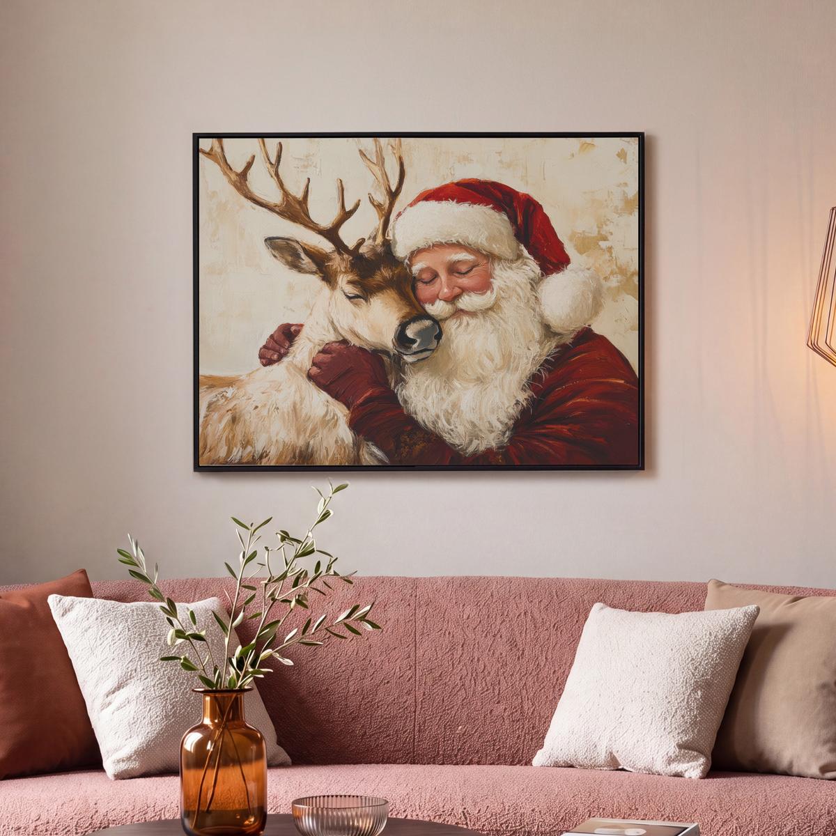 LEINWAND Bilder mit Rahmen - Weihnachtsmann - Rentier - Weihnachten - 70x50 - Rotbraun, Textil (70/50cm) - MuchoWow
