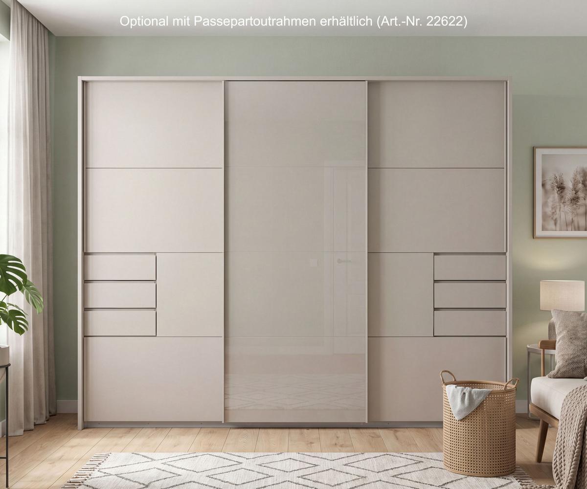 SCHWEBETÜRENSCHRANK 3-türig B270/H208/64 cm, Beige Grau, Mitteltür Glas, Kleiderschrank mit Schubladen & Vollausstattung, / 22616 - Beige, Holzwerkstoff/Metall (270/208/64cm) - luma-home