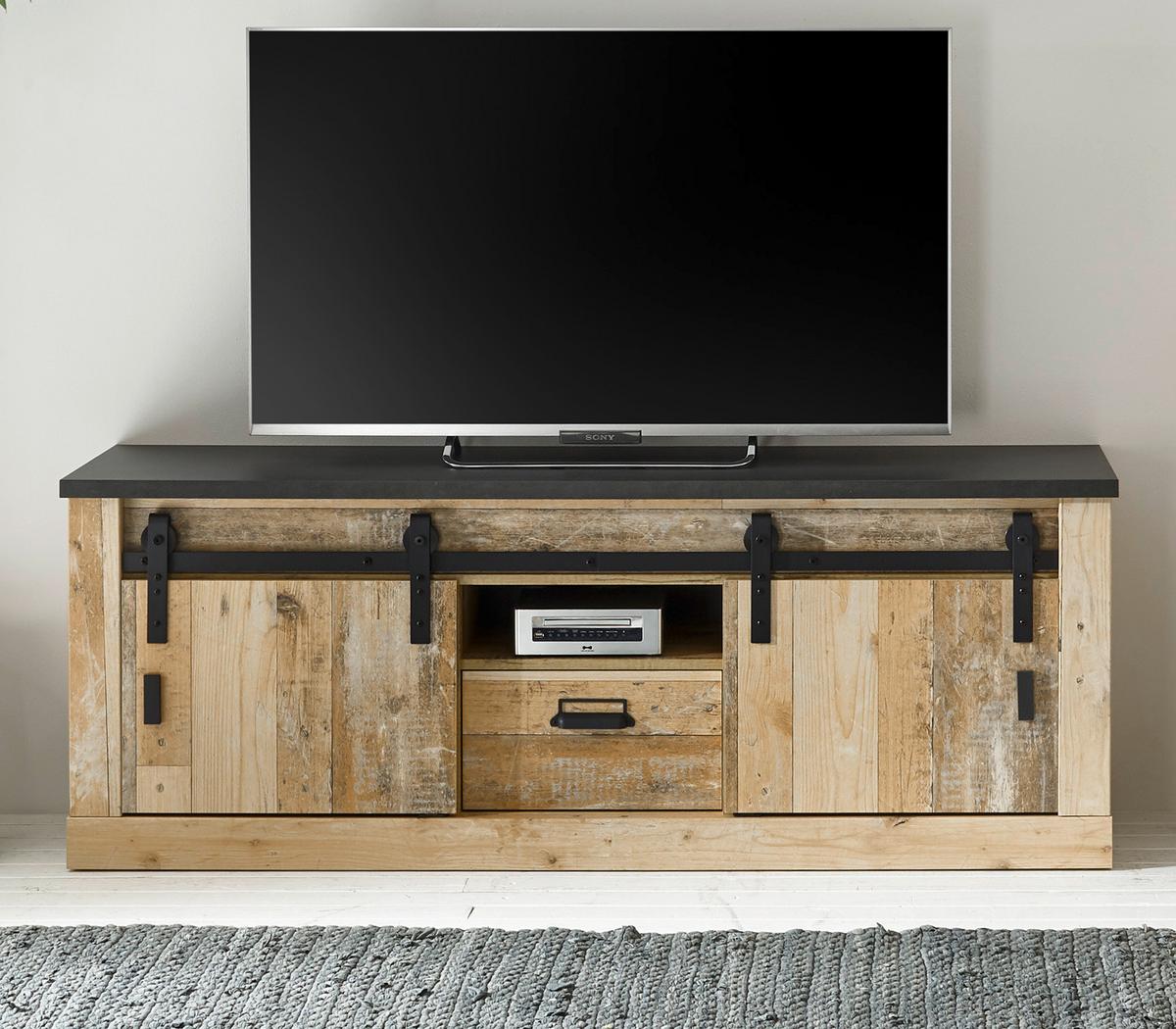 TV-LOWBOARD Used Wood hell, anthrazit 162 x 61 cm, TV Unterteil in Komforthöhe - Anthrazit/Schwarz, Holzwerkstoff/Metall (162/61/43cm) - Furn.Design