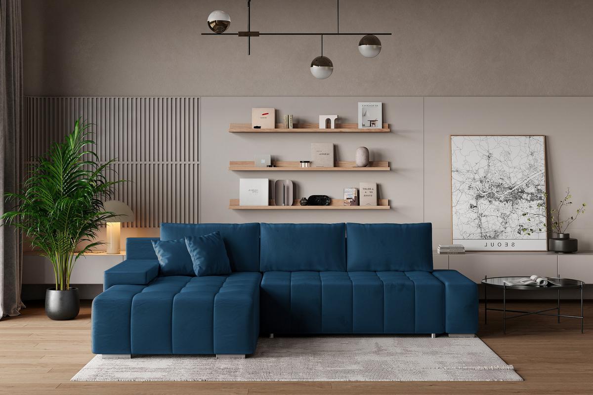 ECKSOFA ALESE L-S Blau Velours-Stoff mit Schlaffunktion - Blau/Silberfarben, Holz/Textil (265/185cm) - MASSENO